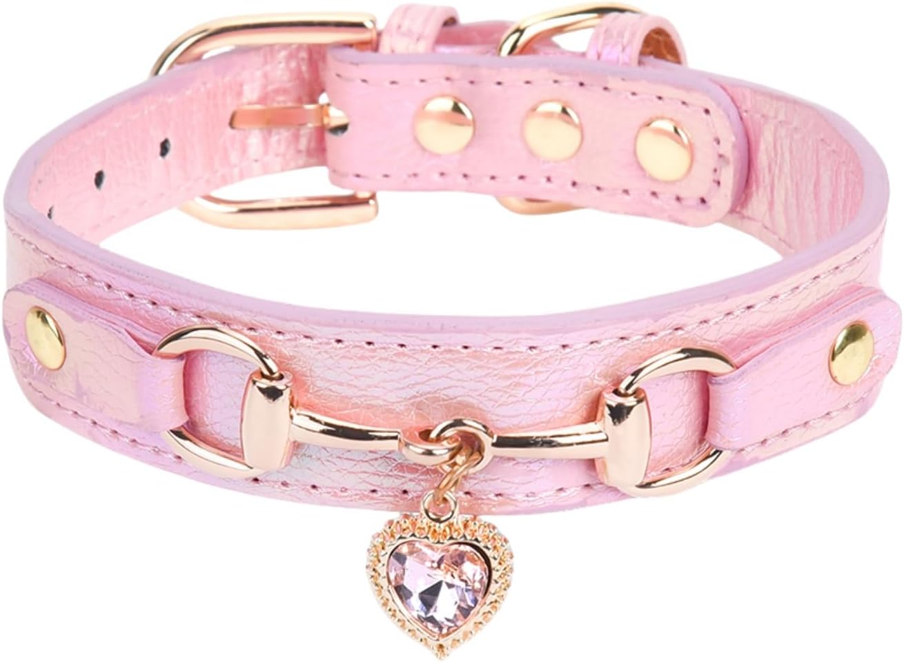 THAIN Fashion Dog Collar with Bling Diamonds & Heart Charm – 5 Holes Adjustable PU Leather Rhinestones Necklace Collar, Gold Buckle for Small Dogs Girl (Pink, XS)