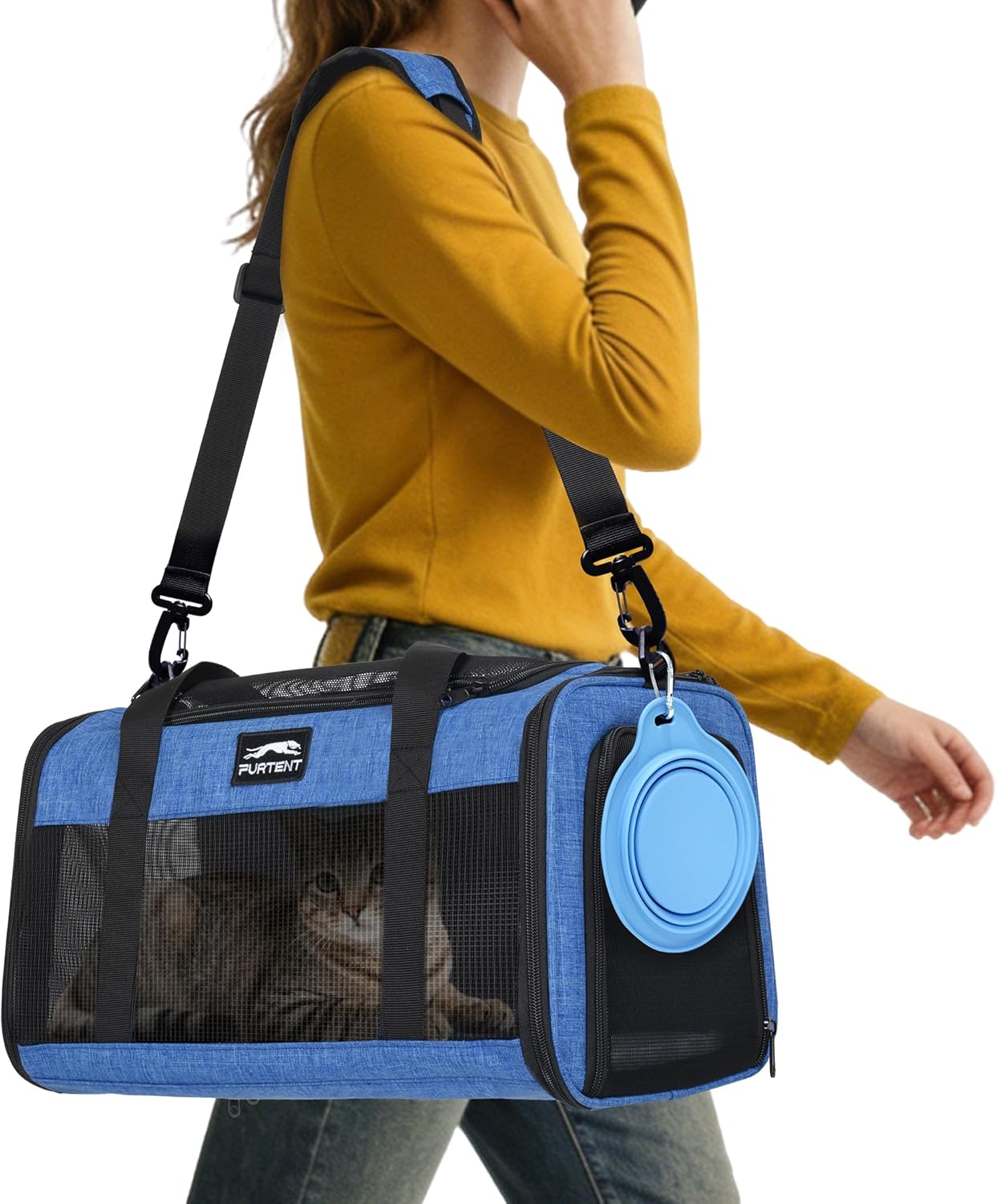 TSA Approved Pet Carrier for Kitten and Puppy, Cat Carrier Soft Fits Pets up to 13 lbs, Dogs Travel Bag with Bowl Foldable, Ideal for Travel, Car Rides, and Vet Visits (Blue, Cat Bowl Set)