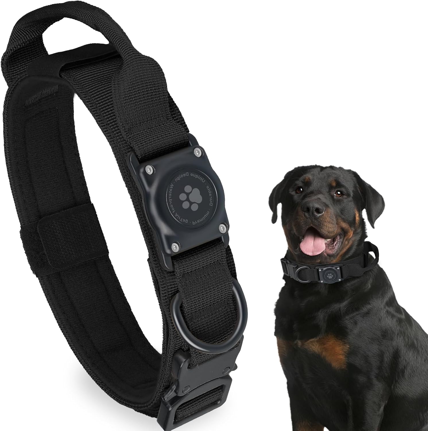 Tactical AirTag Dog Collar, 100% Waterproof Integrated Apple Air Tag Dog Collars with Hard PC AirTag Holder, Adjustable Military Collar with Handle, GPS Dog Collar for Medium Large Dogs(Black,L)