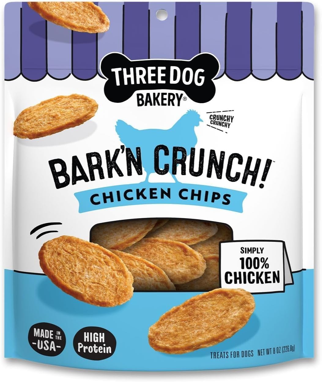 Three Dog Bakery Bark’N Crunch! Chicken Chips with 100% Real Chicken – 8 oz – Crunchy Treats for Dogs – High Protein Dog Snacks – Grain Free, No Corn or Soy, Single Ingredient Treats