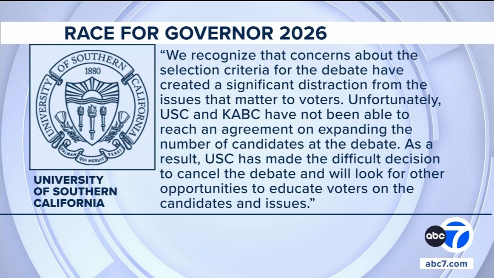 Tuesday’s gubernatorial debate at USC called off
