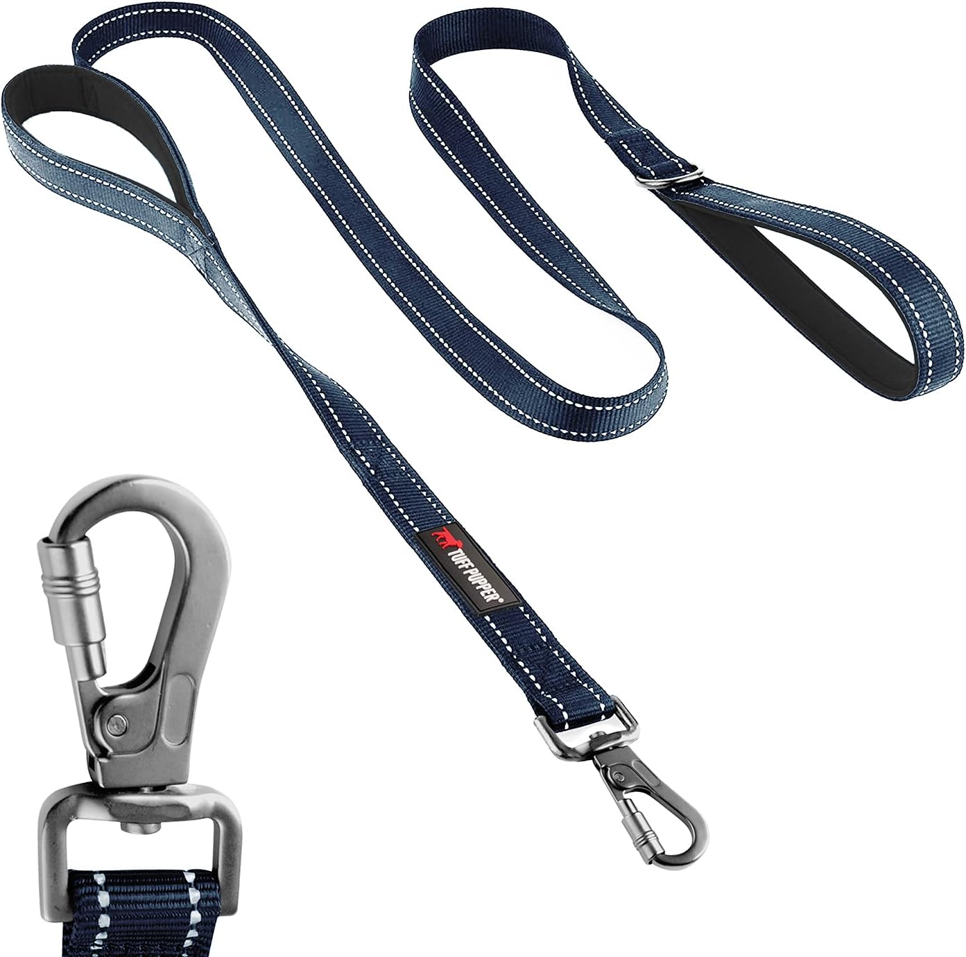 Tuff Pupper Heavy Duty Double Handle Leash | Twist Locking Carabiner Clip | Safety Lock for Strong Dogs | Reflective for Safe Night Walks | 6 Foot Leash | For Medium & Large Dogs