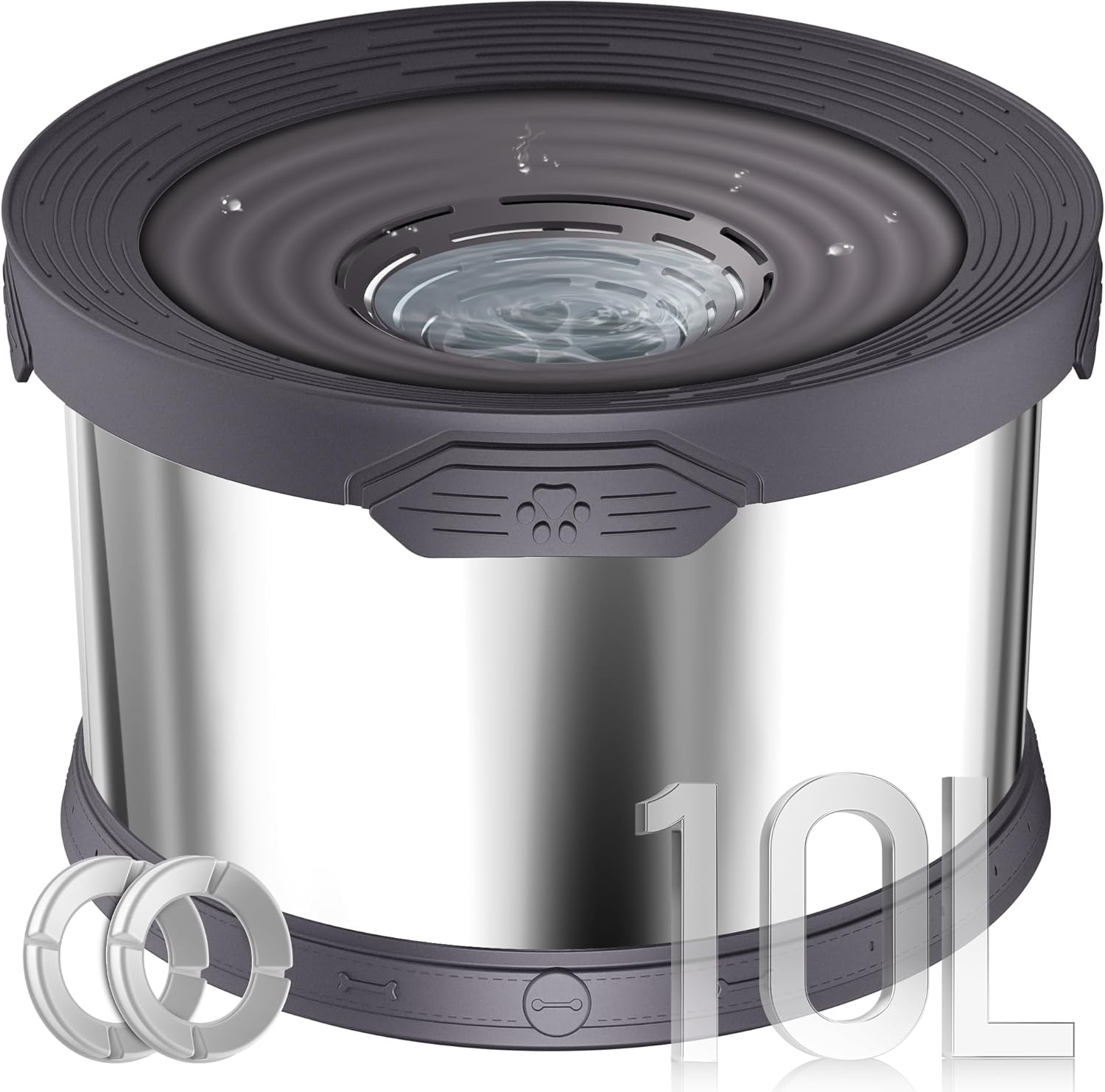 UPSKY Dog Water Bowl No Spill 10L Stainless Steel, 2.6 Gallon Large Capacity Spill-Proof Dog Bowls, Non-Slip Slow Drinking Anti-Splash Bowl for Large Messy Drinkers, No Mess Indoor/Outdoor Use, Gray