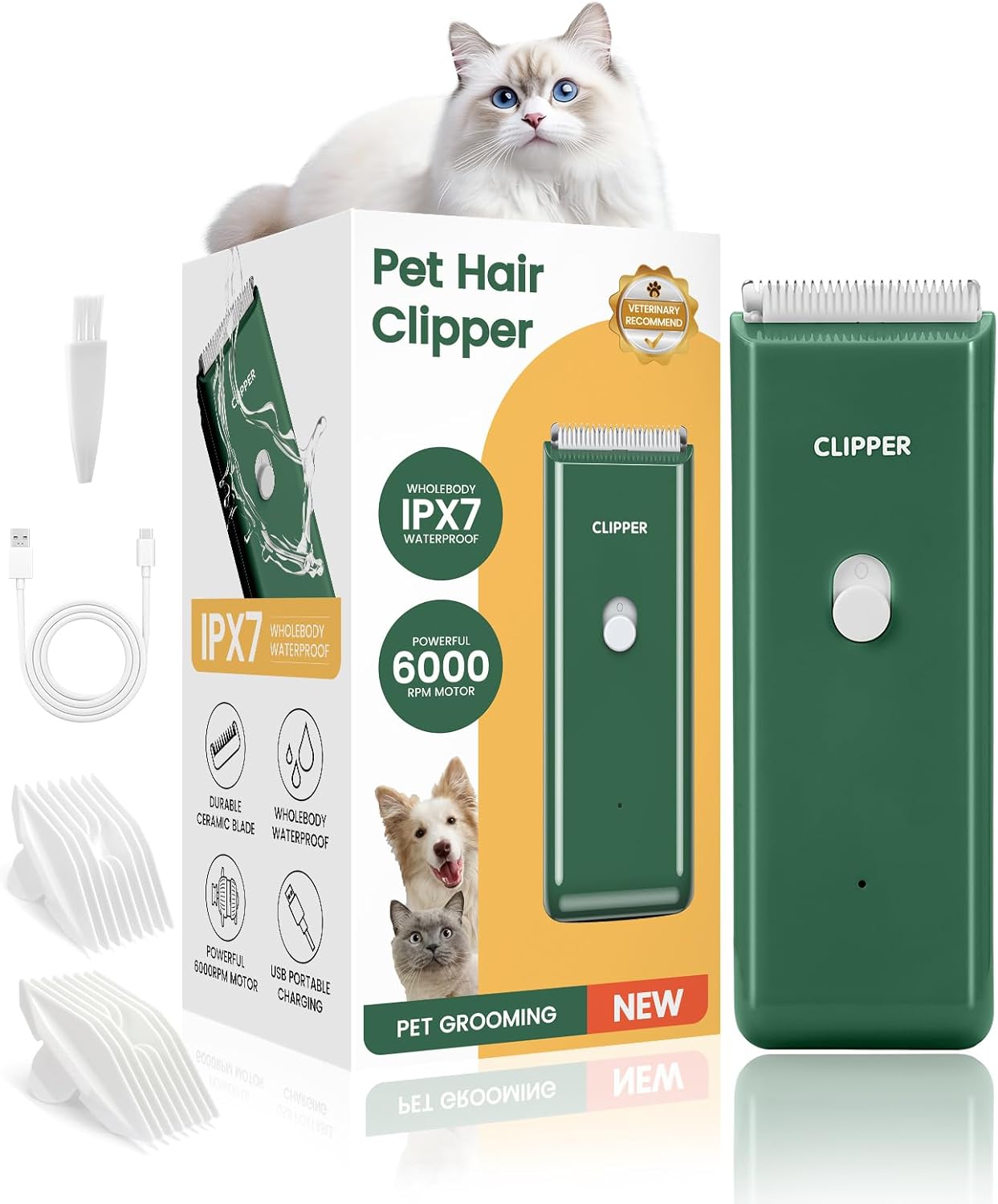 Upgrade Home Professional Dog Grooming Kit Clipper for Matted&Long Hair, Cordless Pet Shaver Low Noise USB Rechargeable for Cats, Small&Medium Dogs, Handy Pet Hair Grooming Trimmer, Green