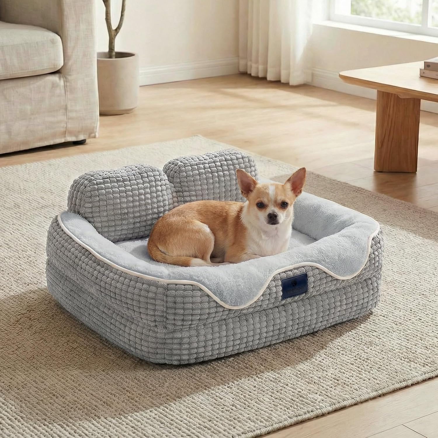 Veehoo Cute Small Dog Bed, Orthopedic Waterproof Pet Beds for Small Dogs, High Back Non-Slip Bottom and Egg-Crate Foam Puppy Couch Sofa with Washable Removable Cover Grey, 24″