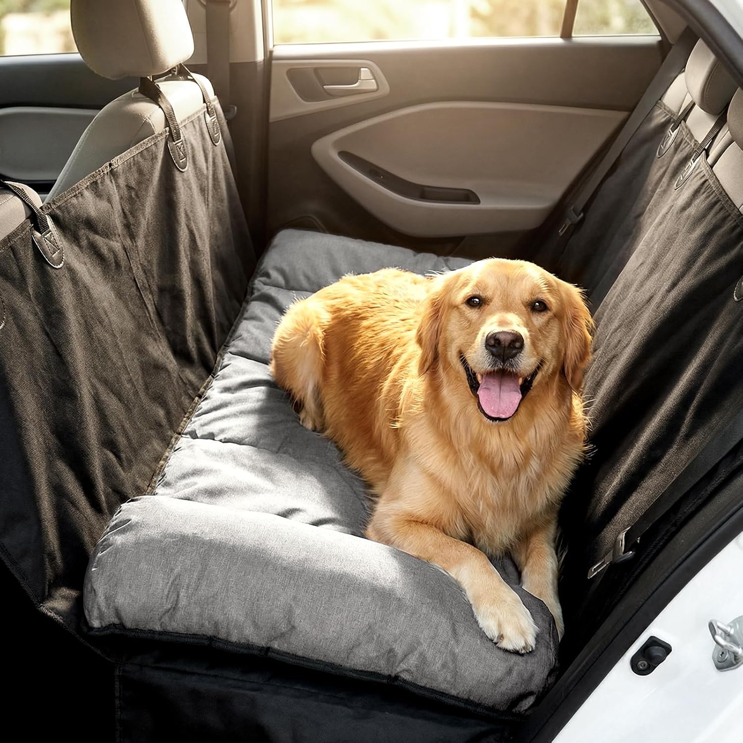 Veehoo Dog Bed for Car, Waterproof Car Dogs Bed with Bolster for Long Trips, Portable Dog Cars Seat Cover for Back Seat & Large Beds Extender for Dogs, Travel Accessories of SUV & Trucks