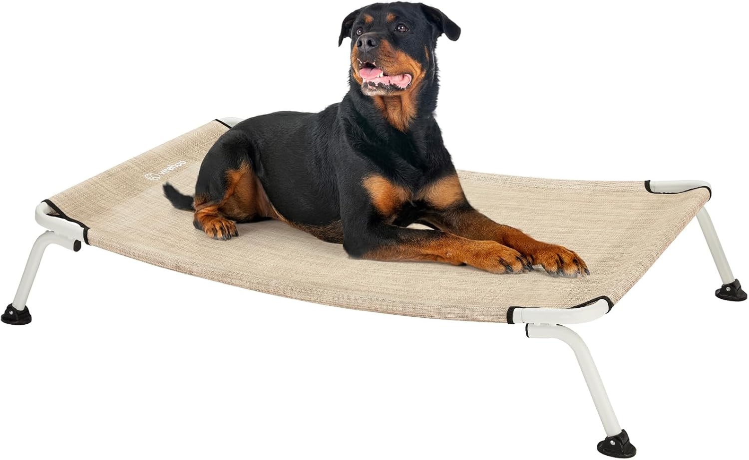 Veehoo Elevated Dog Bed for Outdoor, Cooling Waterproof Raised Dog Cots Beds XL, Curved Off Ground Pet Hammock Cot Lifted for Outside, up to 150lbs, White Legs, Beige 49″