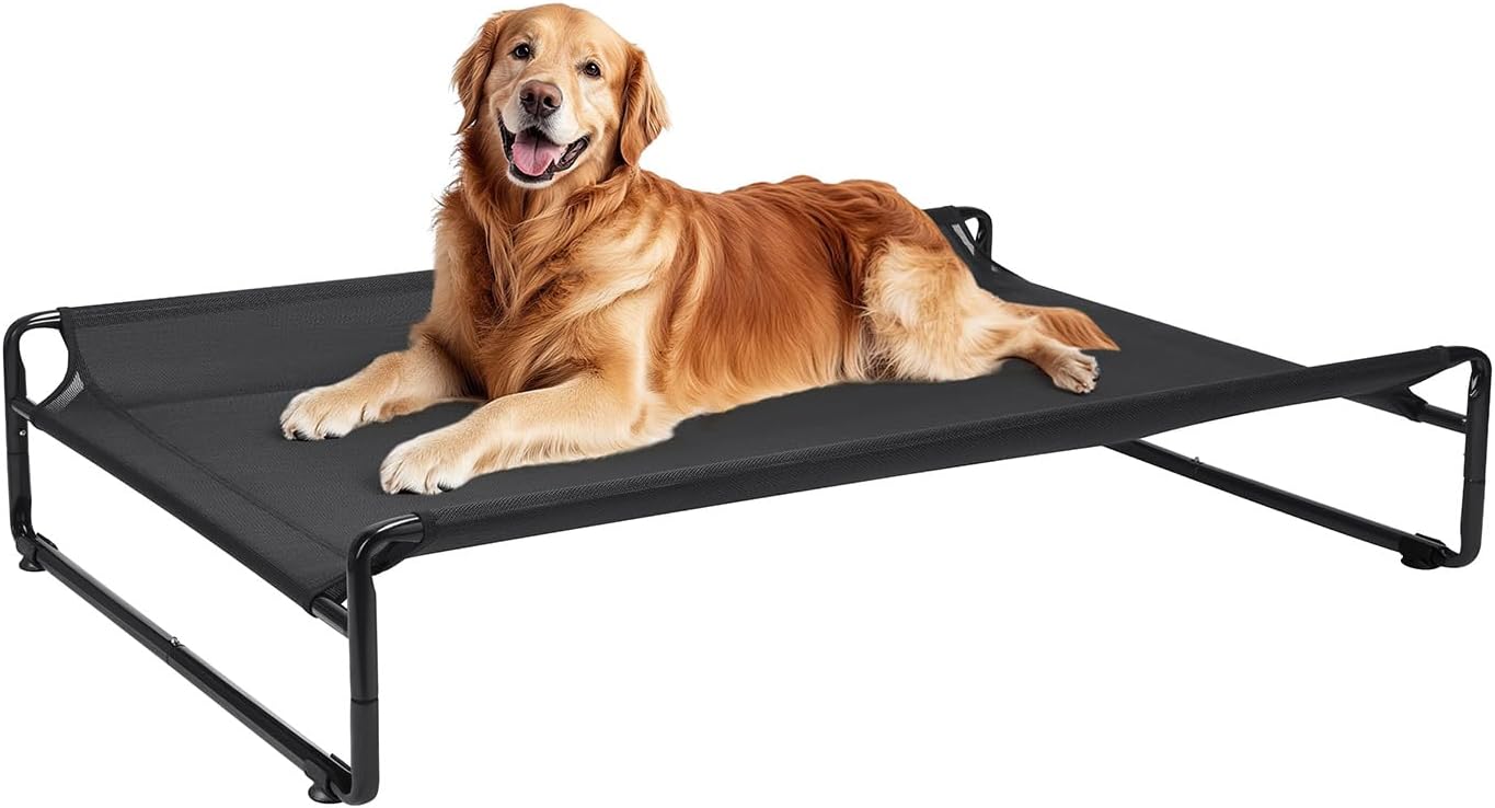 Veehoo Raised Dog Beds for Large Dogs, Washable Dog Cot with Headrest Sides, Outdoor Elevated Dog Bed with Non-Skid Feet, Breathable Mesh, Cooling Pet Hammock for Indoor or Camping, 42″, Black