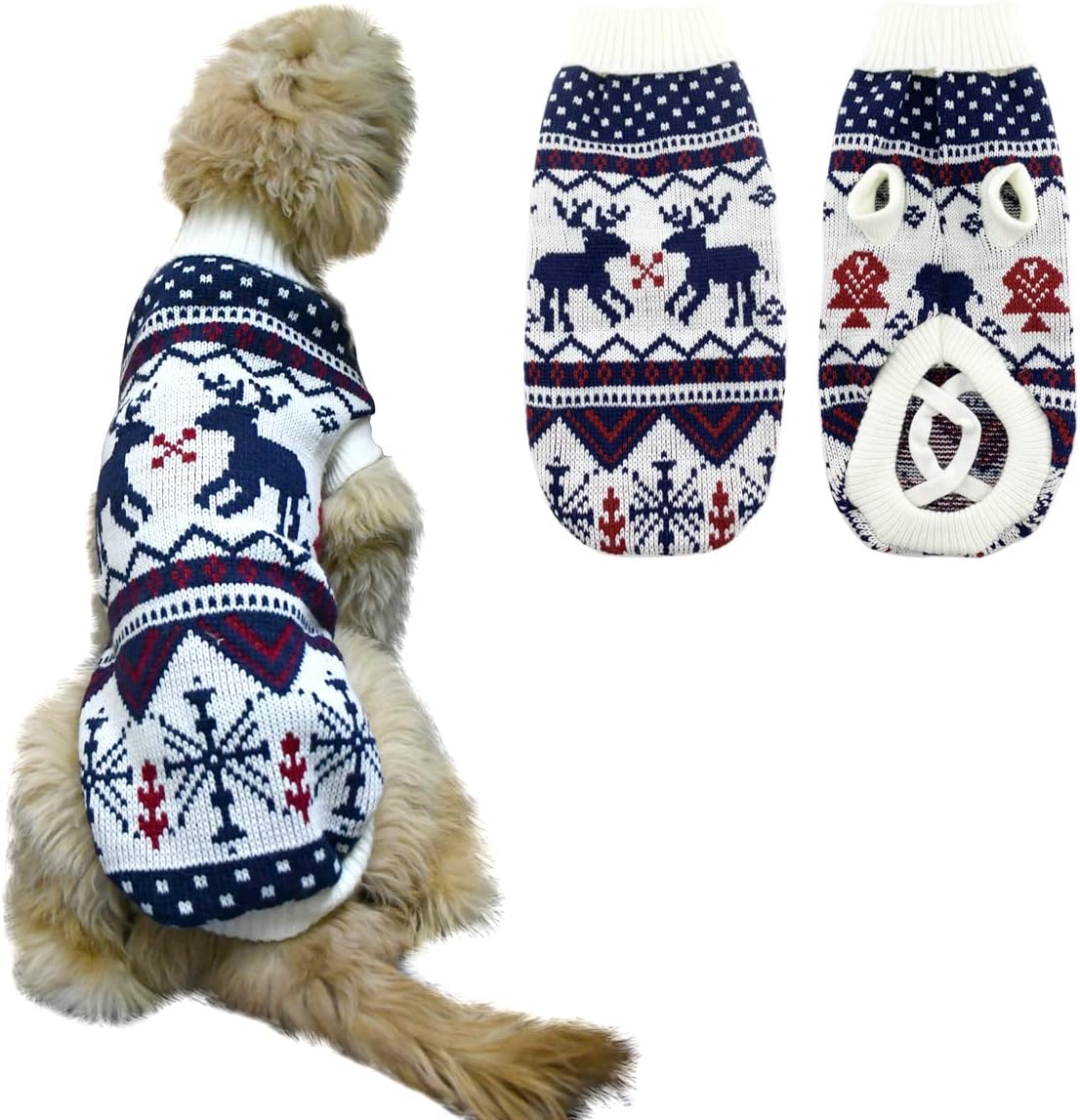 Vehomy Christmas Dog Sweater Xmas Dog Cat Winter Clothes Xmas Kitten Turtleneck Pullover Knitwear with Christmas Tree Reindeers Snowflakes Pattern Puppy Warm Sweater for Kittens Small Dogs XXL