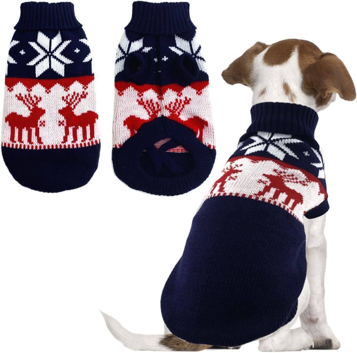 Vehomy Pet Puppy Christmas Sweater Cat Winter Knitwear Xmas Clothes Navy Blue Sweater with Reindeers Snowflakes Pattern Dog Warm Argyle Sweater Coat for Kittens Small Dogs Cats XXL