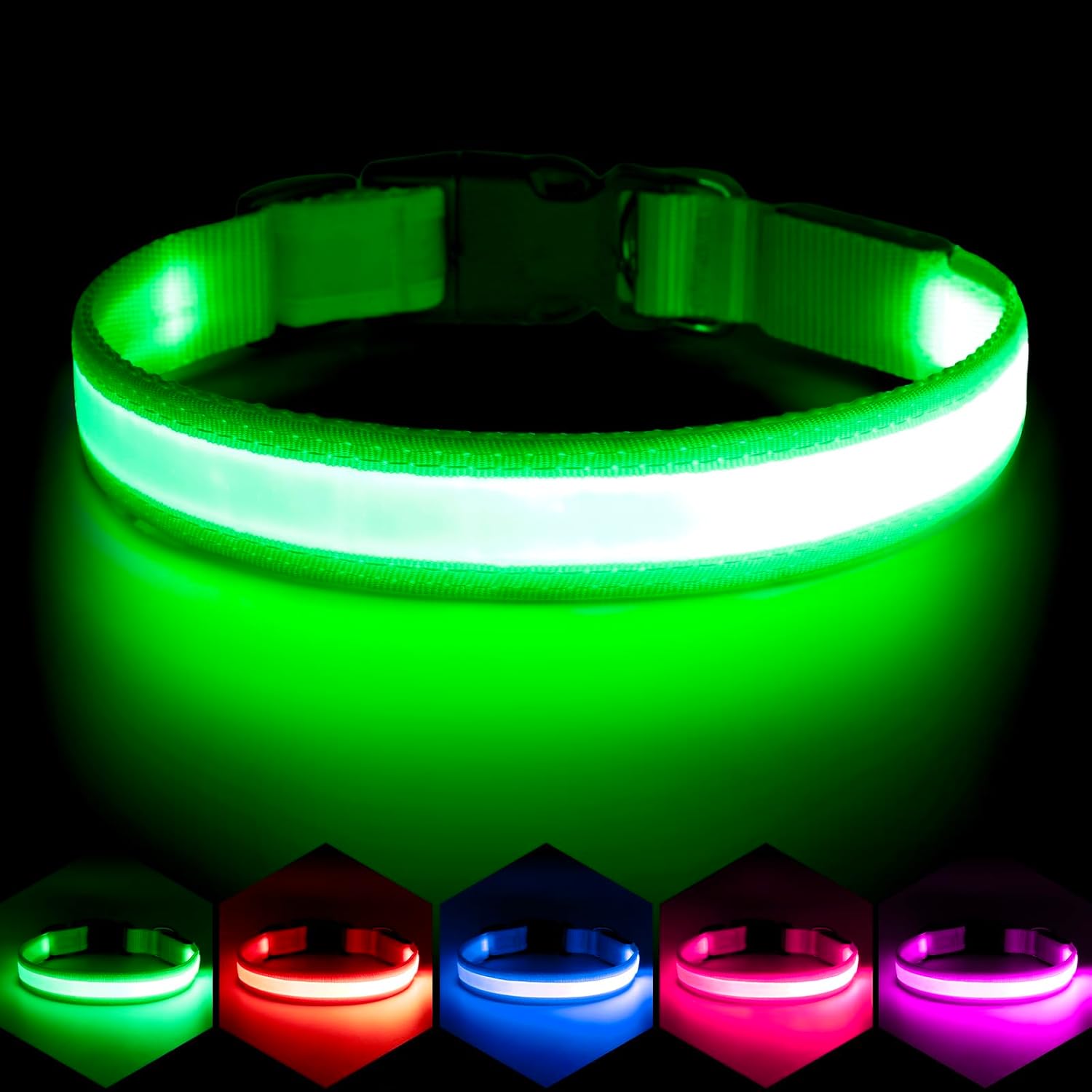 Vizpet LED Dog Collar, Light Up Dog Collar Adjustable USB Rechargeable Super Bright Safety Light Glowing Collars for Dogs(Large,Green)