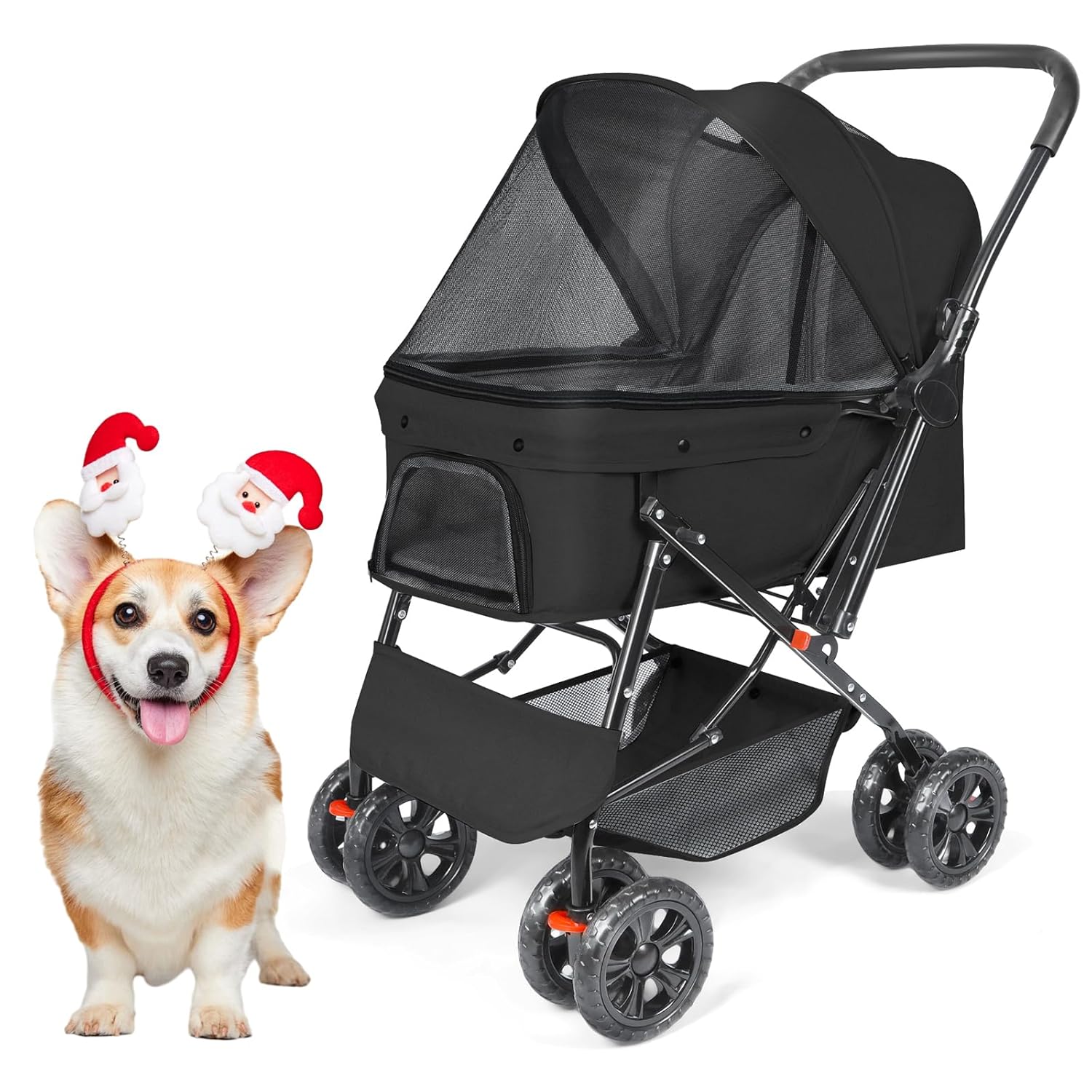 Wedyvko Medium Dog Stroller 50lb – Pets Stroller for Medium Dogs with Reversible Handlebar, 360 Front Wheel, Foot Brake, Wide Mesh Canopy, 2 Security Leashes, Cup Holder, Storage Basket, Black