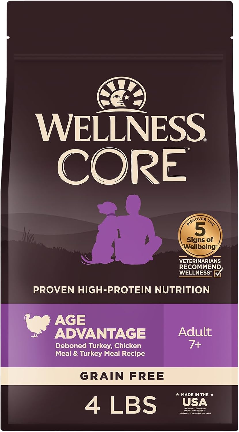 Wellness CORE Senior Dry Dog Food, Grain-Free, High Protein, Natural, Age Advantage Turkey & Chicken Recipe, (4-Pound Bag)