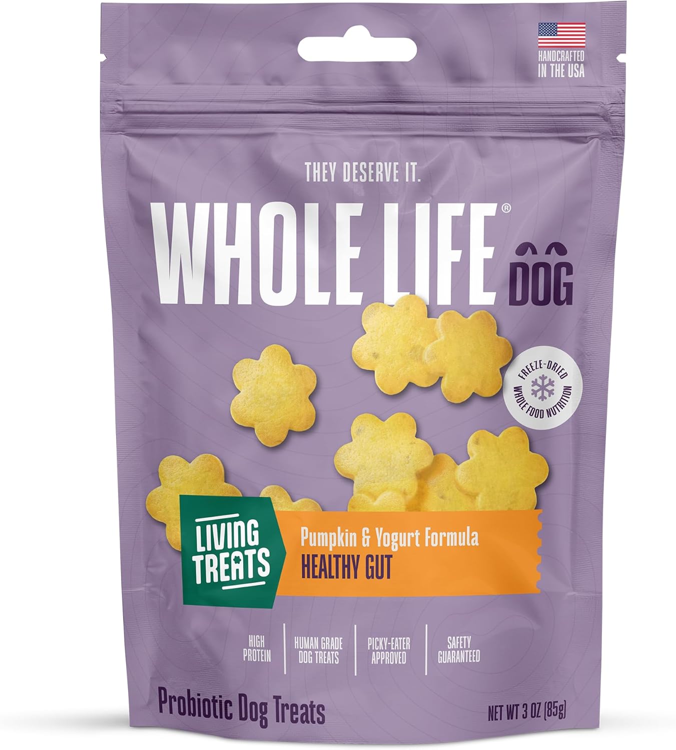 Whole Life Dog Living Treats for Dogs – Human Grade Probiotics for Digestive & Gut Health, Canine Gas, Diarrhea, Vomit & Constipation Relief – Pumpkin, 3 oz (Pack of 1)