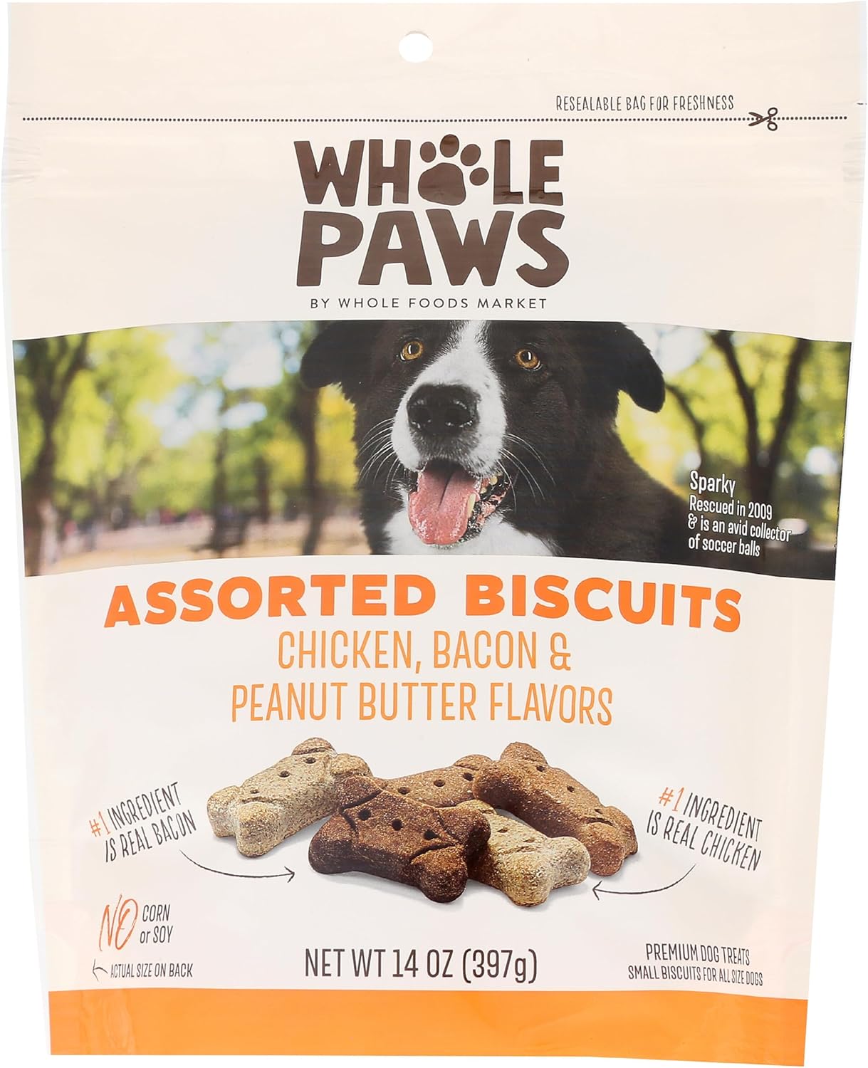 Whole Paws, Biscuit Dog Treats, Assorted Flavors (Chicken, Bacon, & Peanut Butter), 14 Ounce