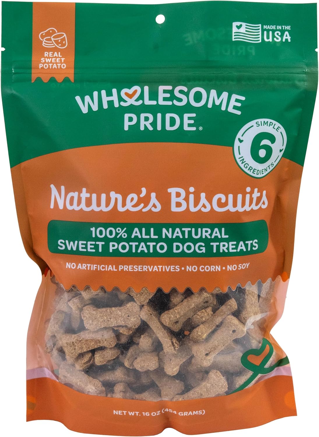 Wholesome Pride Nature’s Biscuits Dog Treats – Crunchy, Natural, Limited Ingredient, Grain-Inclusive Recipe with Fiber‑Rich Sweet Potato – Mini Bone-Shaped Treats for Dogs – 16 oz Bag