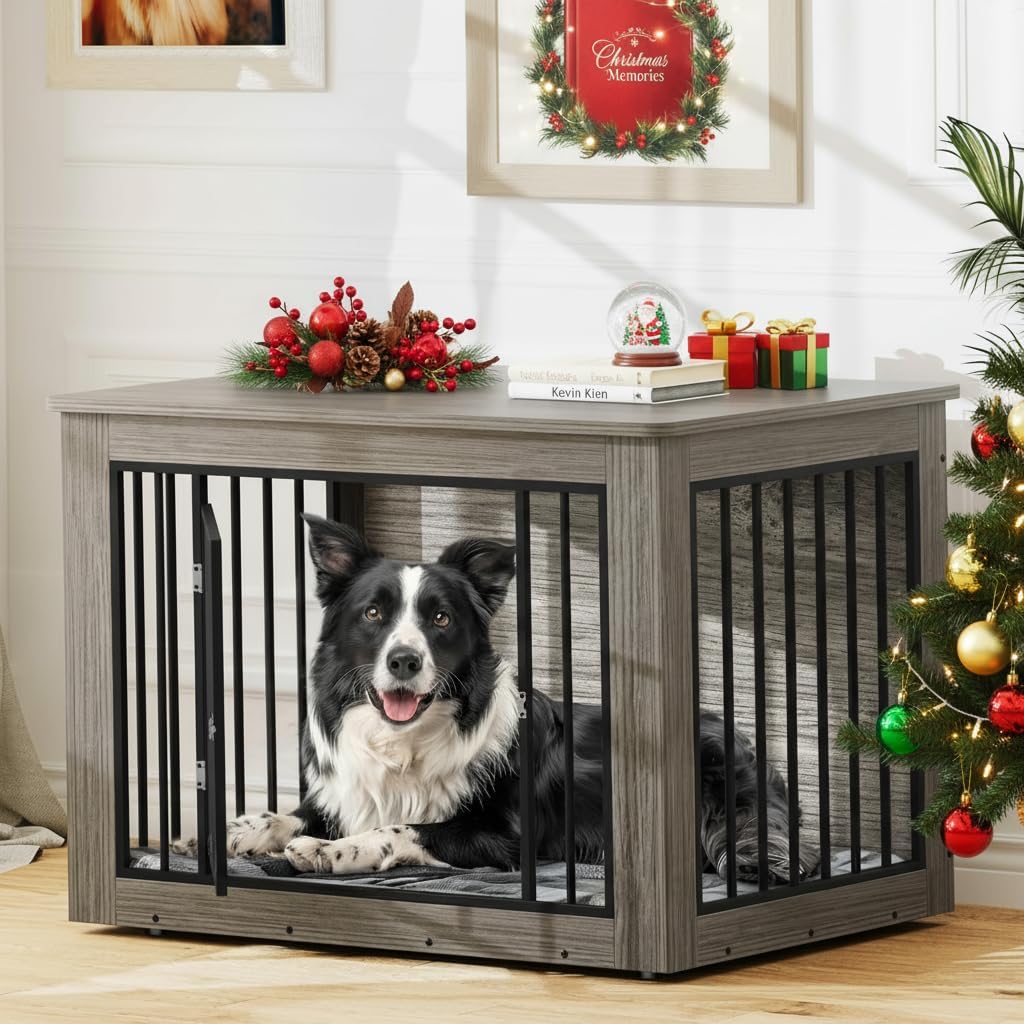 YITAHOME Dog Crate Furniture for Large Dogs, Side End Table, Modern Dogs Kennel Indoor up to 60 lb, 2-in-1 Iron-Wood Fusion Dog Cage with Waterproof Top, Safety Corners, Steel Lock,38″ L,Greige