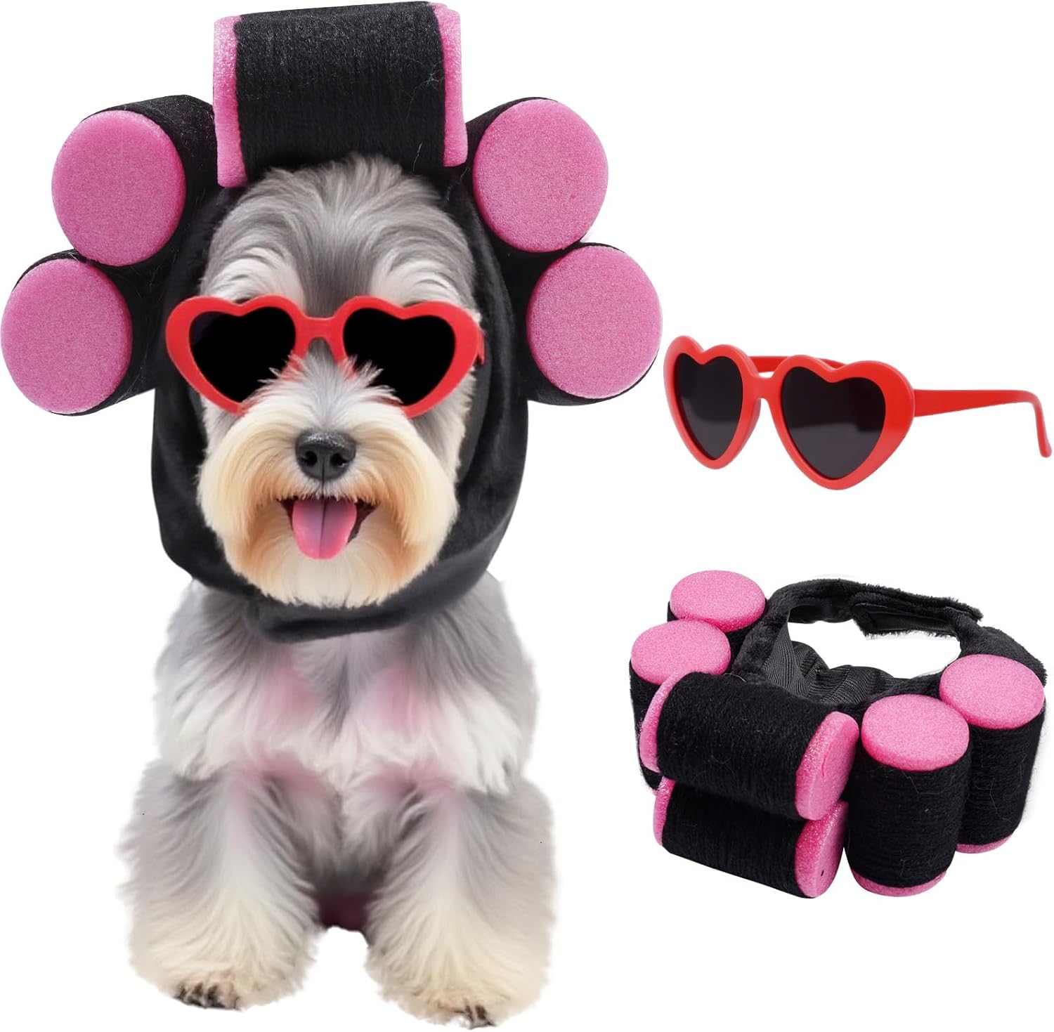 Yookat 2PC Dog Halloween Costume Funny Doggie Cosplay Curler Wig with Love Glasses Adjustable Fits Pet Cosplay Dress up for Small Medium Pets