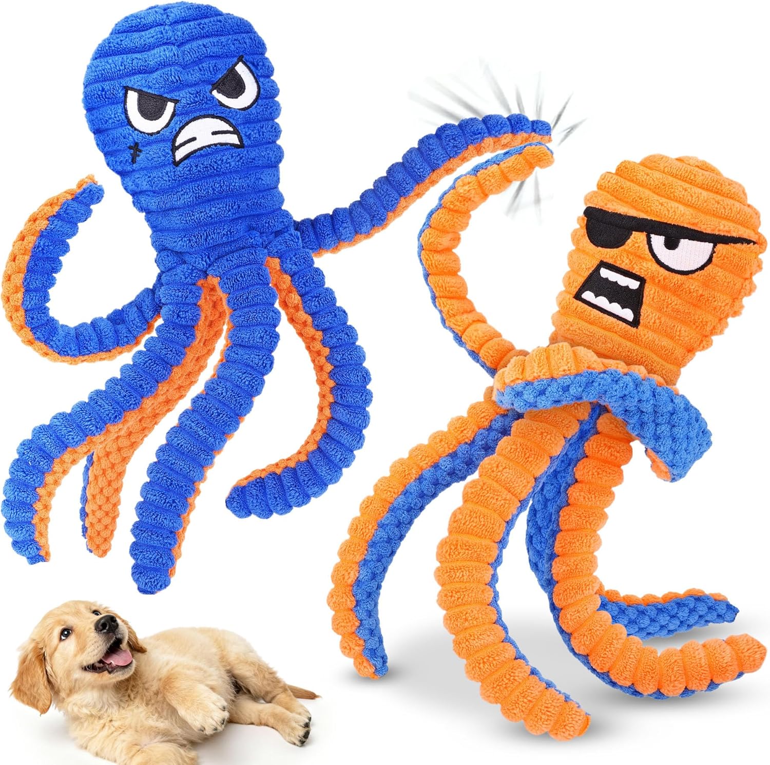 Zeaxuie Dog Toys for Aggressive Chewers, 2 Pack No Stuffing Dog Toys for Teething, Squeaky Chew Toy to Keep Them Busy for Small and Medium Breed, Crinkle Octopus