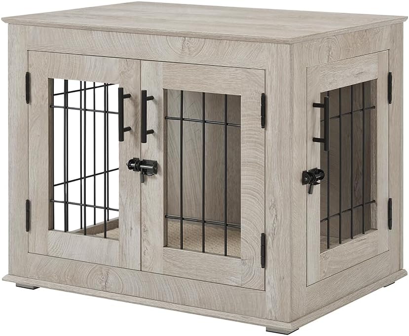 beeNbkks Furniture Style Dog Crate End Table, Double Doors Wooden Wire Dog Kennel with Pet Bed, Decorative Pet Crate Dog House Indoor Medium Large