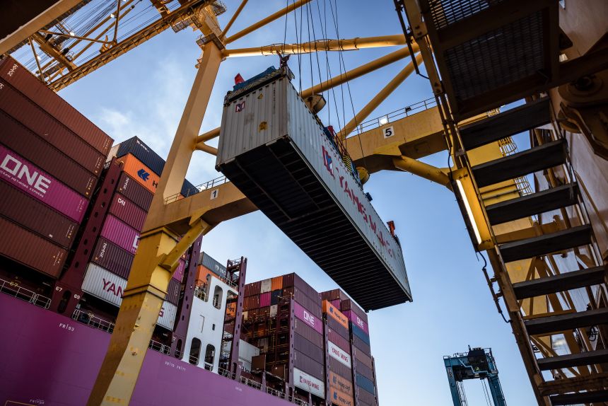 A container ship is unloaded at the Muelle Sur terminal, operated by APM Terminals, at the Port of Barcelona in Barcelona, Spain, on January 13, 2025.