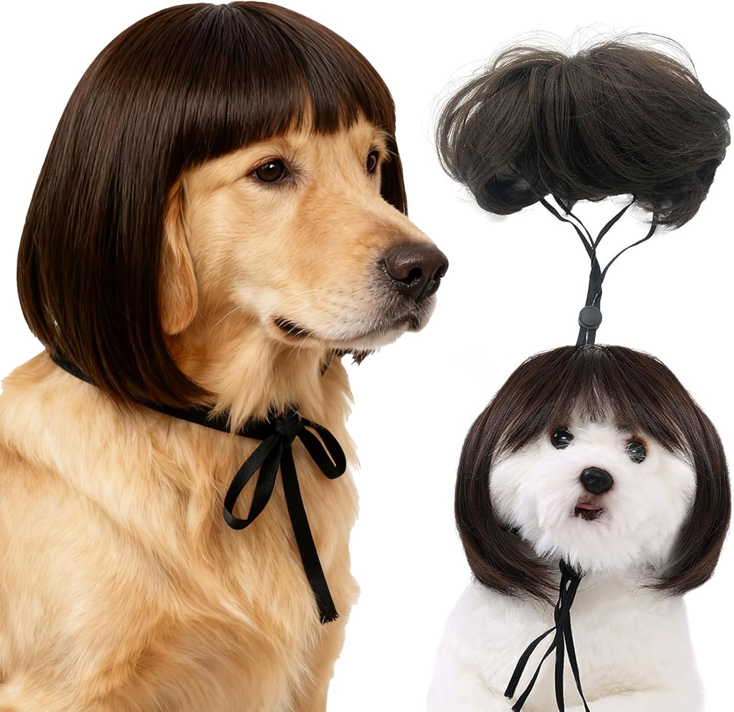 1-Pack Adjustable Pet Wig for Dogs & Cats – Trimmable 3D Natural Look Wigs with Elastic Bands (Halloween, Christmas, Cosplay & Party Accessories)