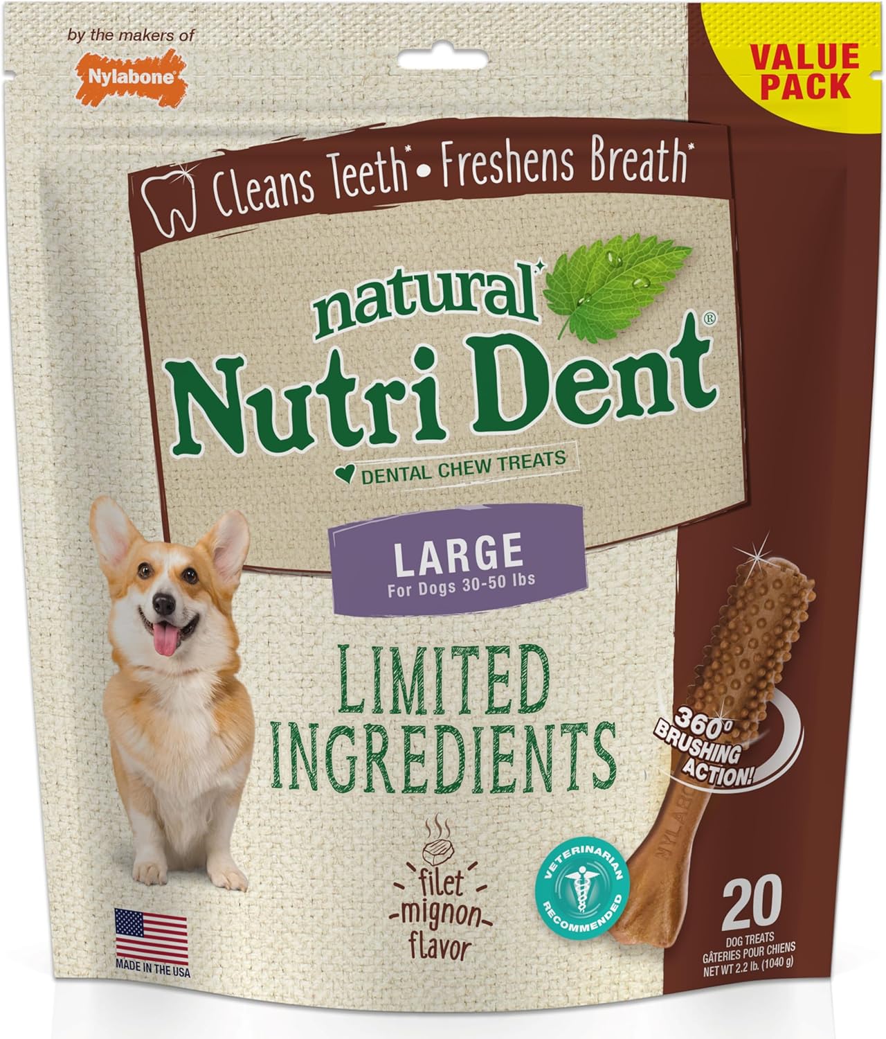 Nylabone Nutri Dent Dog Dental Chews – Natural Dog Teeth Cleaning & Breath Freshener – Dental Treats for Dogs – Filet Mignon Flavor, Large (20 Count)