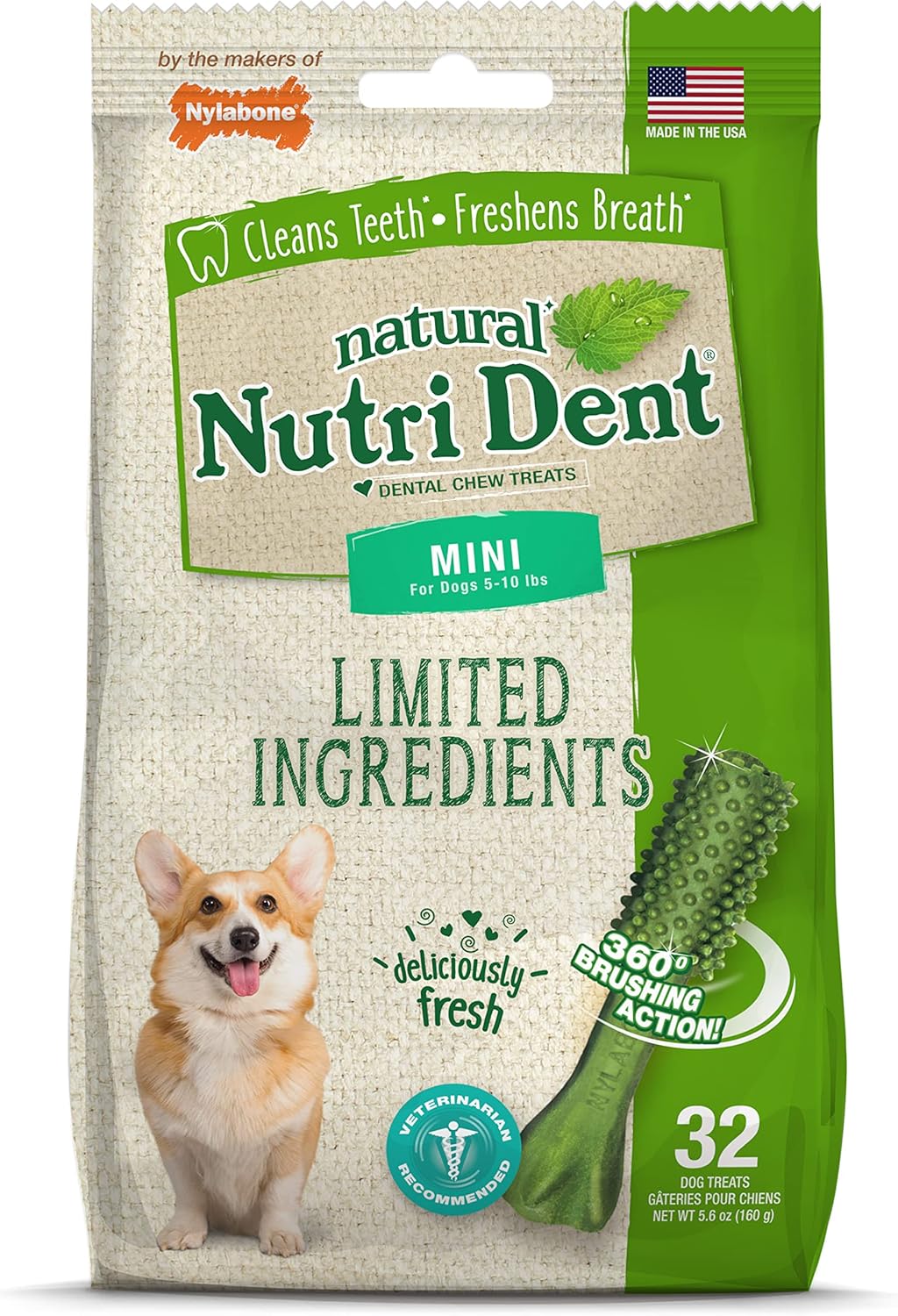 Nylabone Nutri Dent Dog Dental Chews – Natural Dog Teeth Cleaning & Breath Freshener – Dental Treats for Dogs – Fresh Breath Flavor, Mini (32 Count)