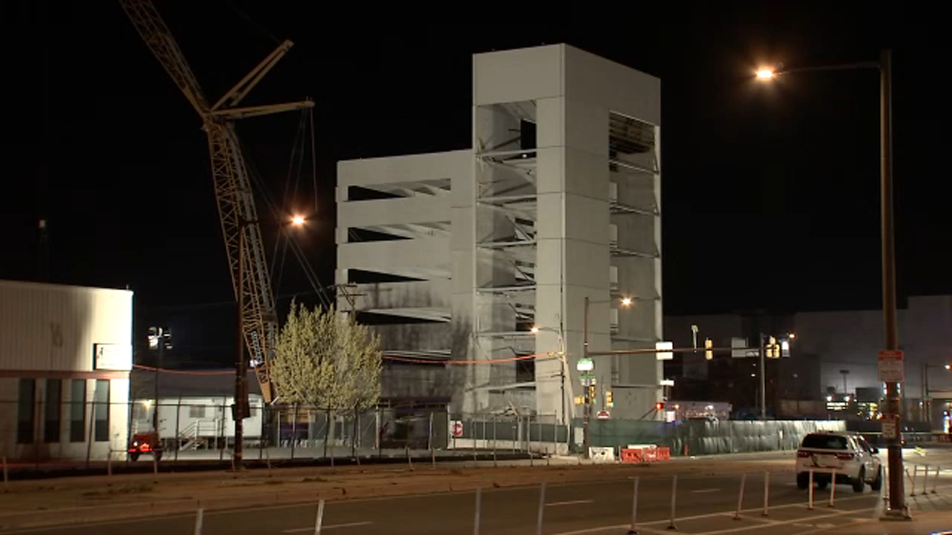 IMAGE: Crews working to stabilize a Grays Ferry parking garage after partially collapsing on April 8, 2026.