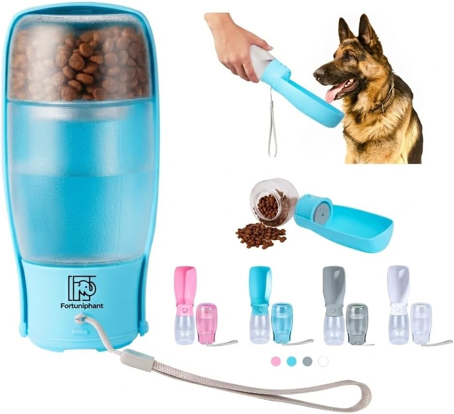2-in-1 Foldable Pet Travel Water Bottle, Feeding Vessels for Pets, 11.8oz Water & 7oz Food Container for Dogs and Cats, Portable Leak-Proof Dispenser for Hiking, Walking & Camping Blue