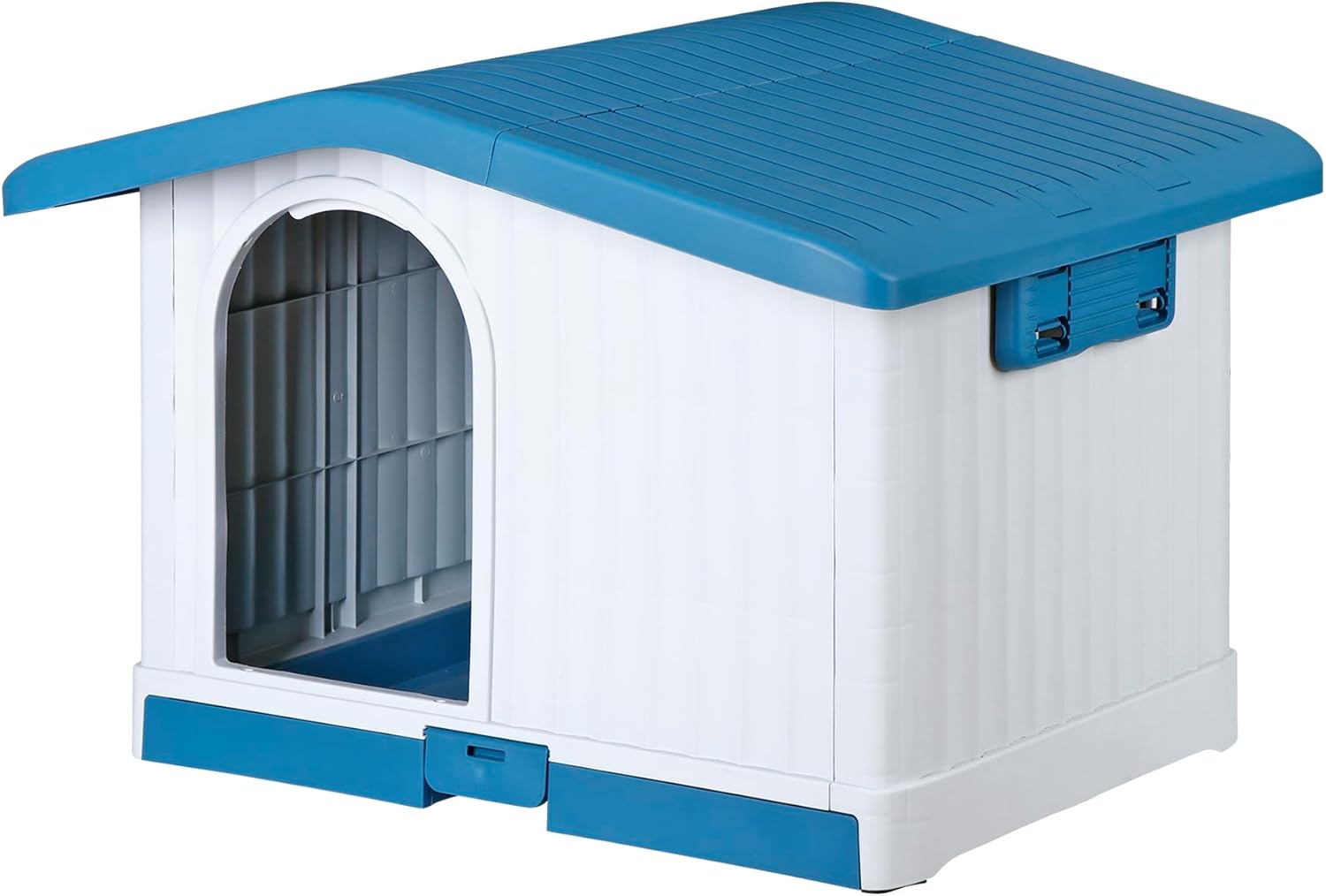 34.6 Inches Sturdy Plastic Dog House with Liftable Roof, Indoor Outdoor Large Pet Shelter Waterproof Puppy Kennel Crate with Bar Window and Detachable Base