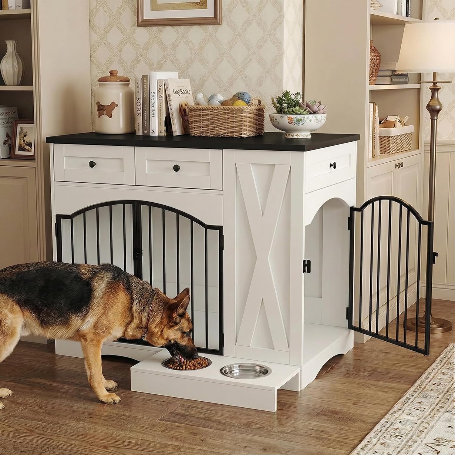 43.3″ Furniture Style Dog Crate with 3 Storage Drawers, Heavy Duty Wood Pet Kennel with Removable Feeder, Modern End Table Dog House with Dual Doors for Large Dogs (41-70 lbs) (Black)