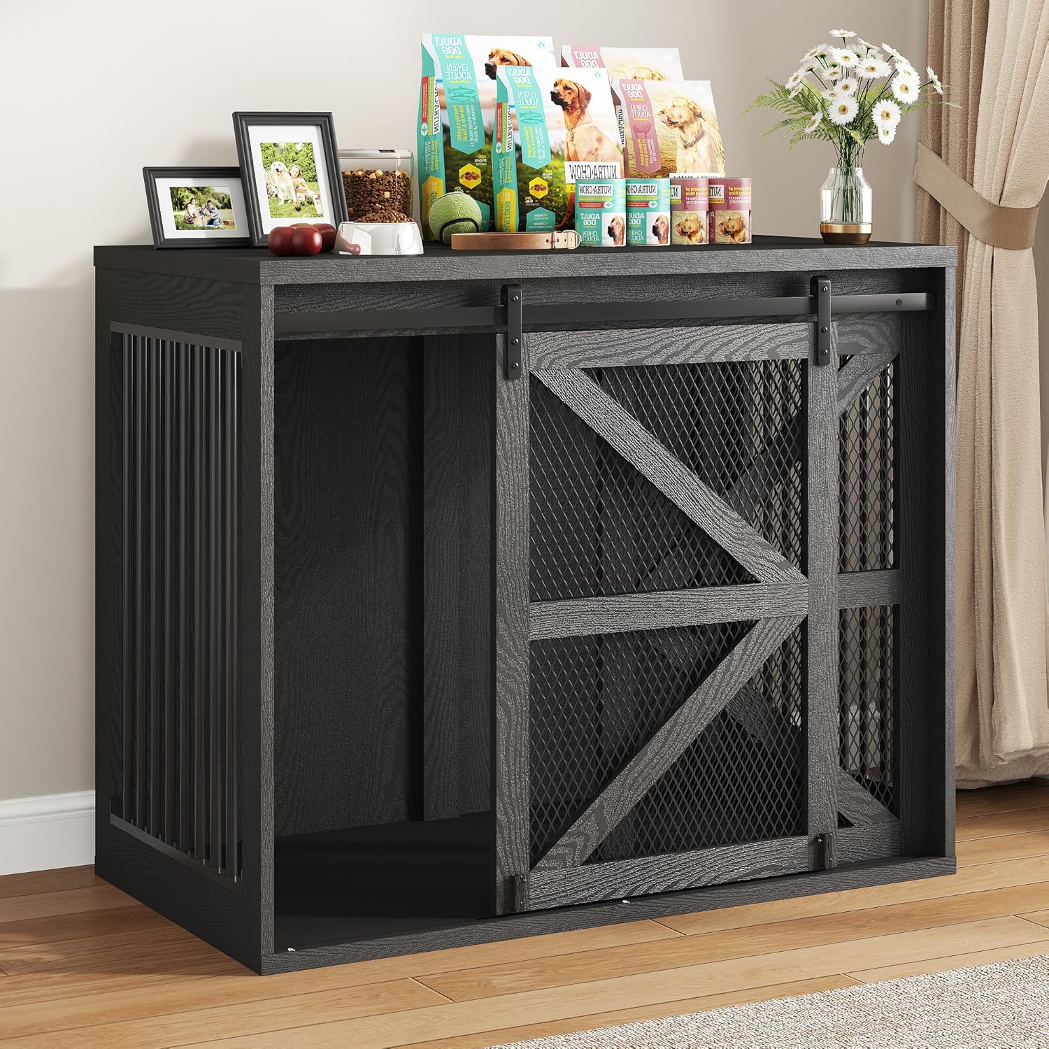 43In Farmhouse Dog Crate Furniture, Wooden Dog Kennel Furniture with Sliding Metal Mesh Barn Door, Large Dog Crate Furniture, Solid Metal Tube & 2 Lockable Doors, XL Black
