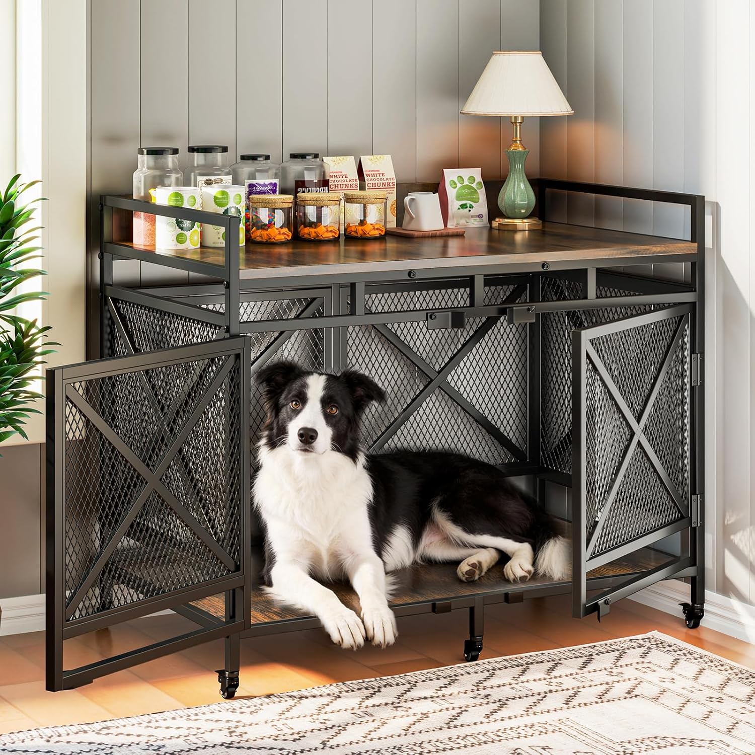 48 Inch Dog Crate Furniture with Wheels, Heavy Duty Wooden Dog Kennel Indoor for Large Dogs, Extra Large XL Mobile Pet Cage with Storage Shelf & Guardrail, Decorative End Table Pet House,Brown