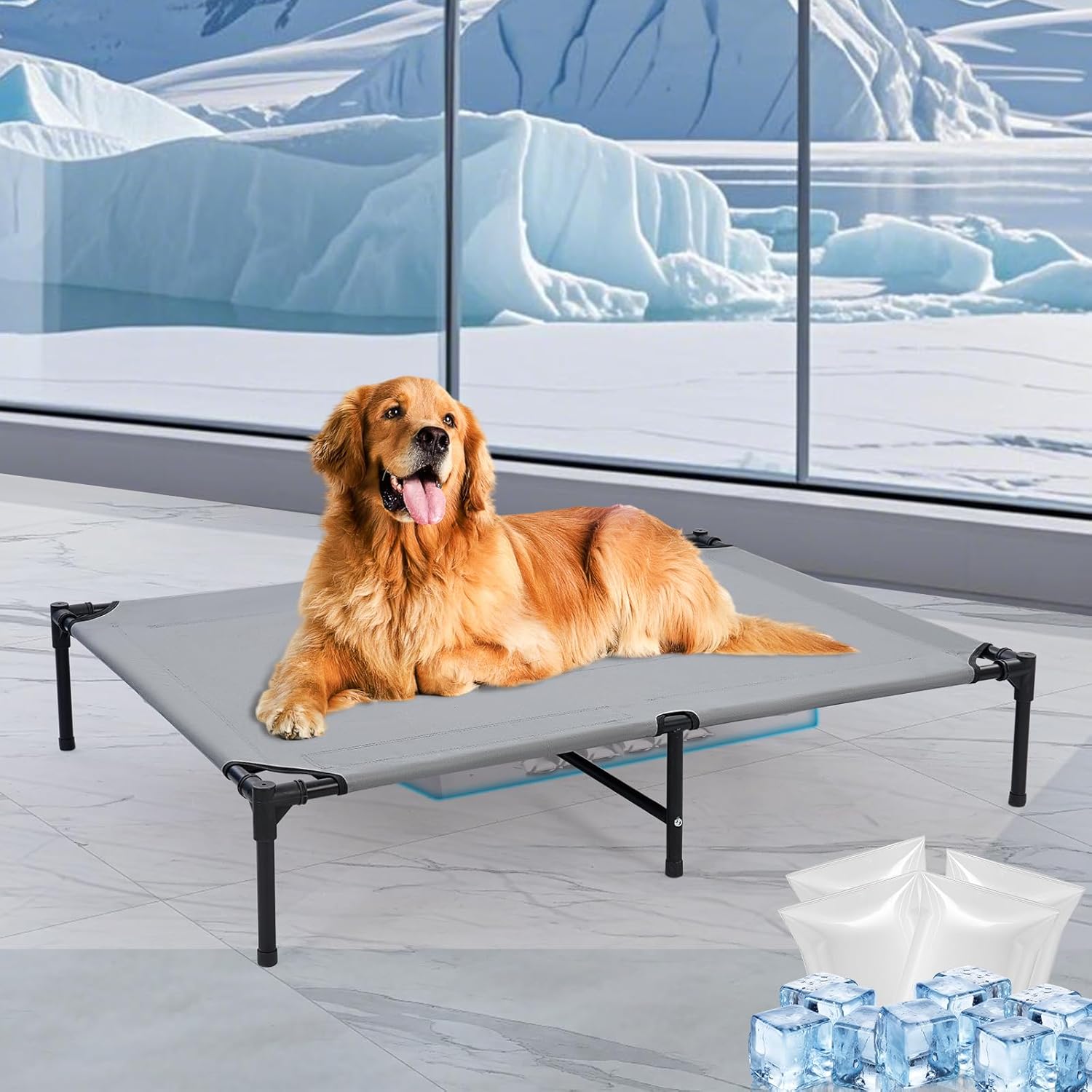 48” Outdoor Elevated Dog Bed with Four Ice Pack, Raised Dogs Bed with Six Support Feet, Breathable Cooling Dog Cot Beds Medium Large Size Dogs, Outdoor Pet Hammock Beds, Outside Pet Beds(X-Large)