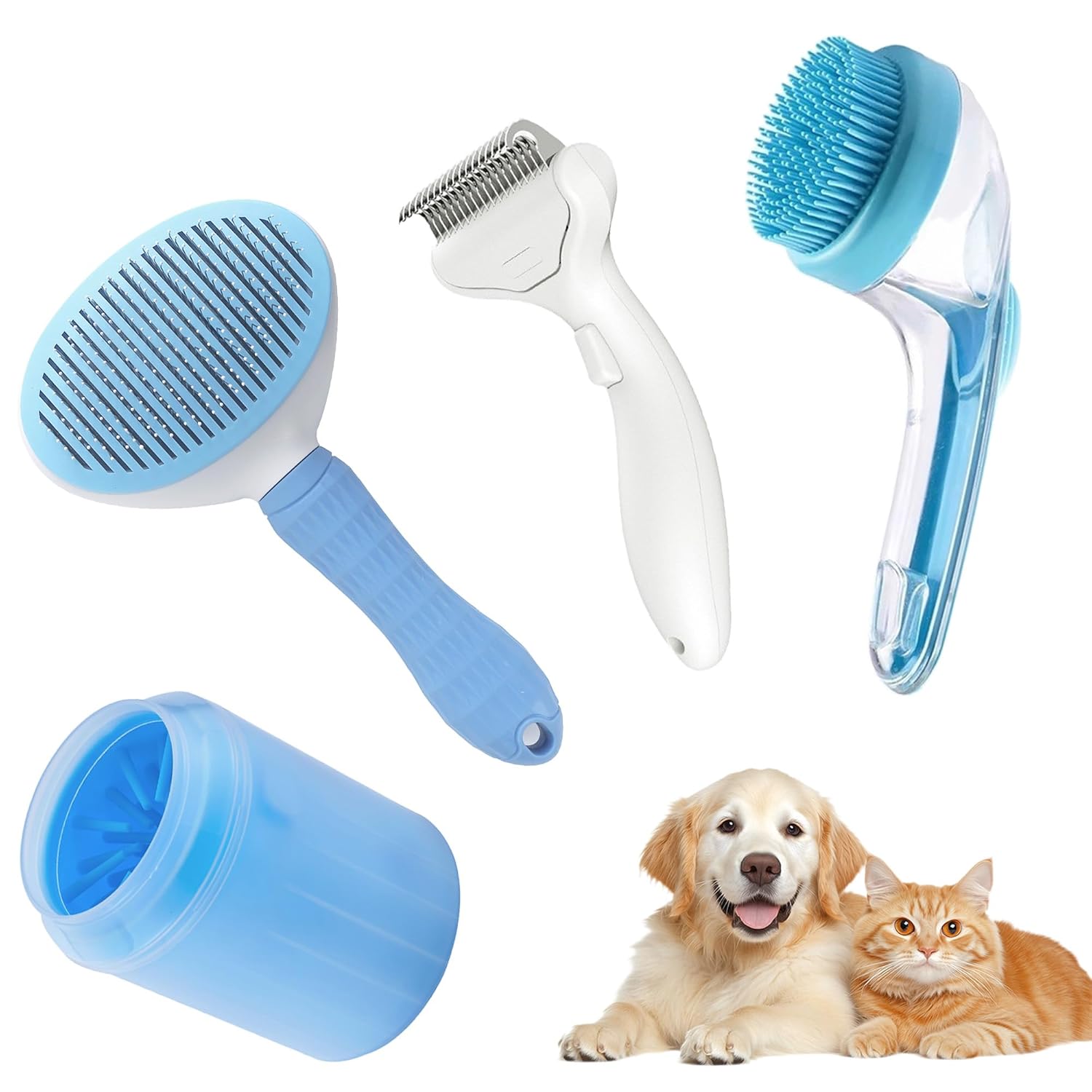 4PCS Dog Grooming Kit, Self-Cleaning Slicker Brush for Shedding & Dematting, Pet Grooming Tools for Dogs & Cats with Comb, Deshedding Brush, Bath Brush & Paw Cleaner, for Short/Long Hair