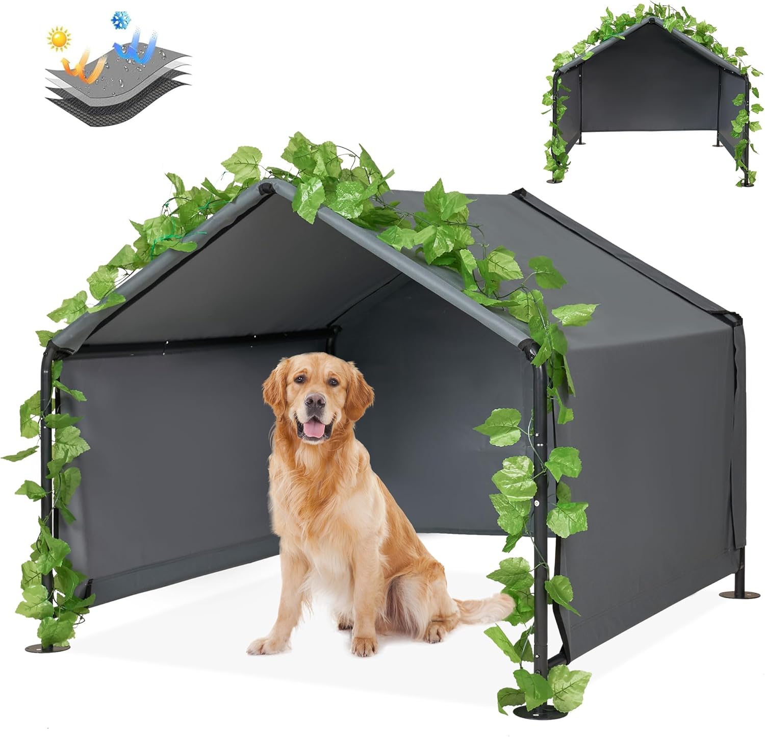 4’x 4’x 3.3′ Large Dog Shade Shelter Outdoor Tent Dog House for Large Medium Dogs, Outside Sun Rain Canopy Pet House for Homeless Cats Livestock with Rainproof Cover with Artificial Grapevine Leaves