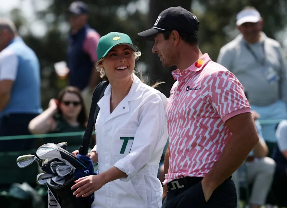 Viktor Hovland and his girlfriend during the Par 3 Contest prior to the 2026 Masters Tournament at Augusta National Golf Club on April 8, 2026 in Augusta, Georgia. REUTERS
