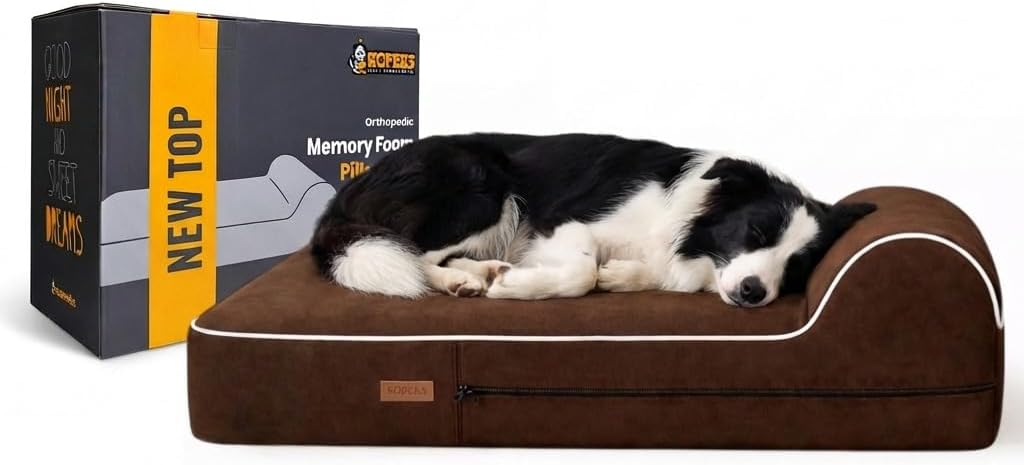 5.5 Inch Thick High Grade Orthopedic Memory Foam Dog Bed With Pillow and Easy to Wash Removable Cover with Anti-Slip Bottom. Free Waterproof Liner Included – for Large Breed Dogs