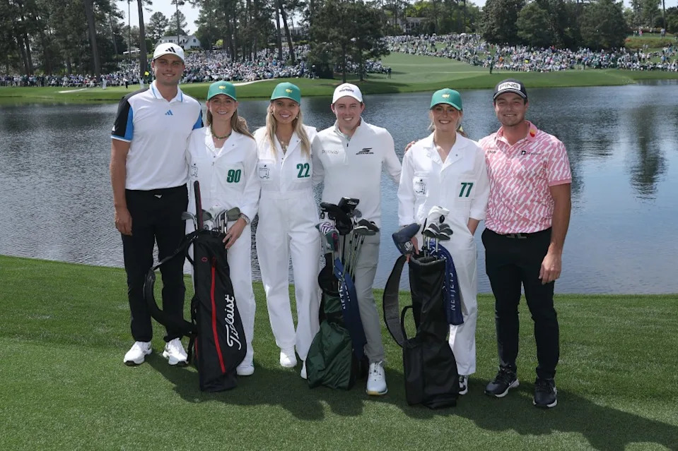 (L-R) Ludvig Aberg, girlfriend Olivia Peet, Katherine Fitzpatrick, Tuva Jensen and Viktor Hovland of Norway pose for a photo on the fifth hole during the Par 3 Contest prior to the 2026 Masters Tournament on April 8, 2026. Getty Images