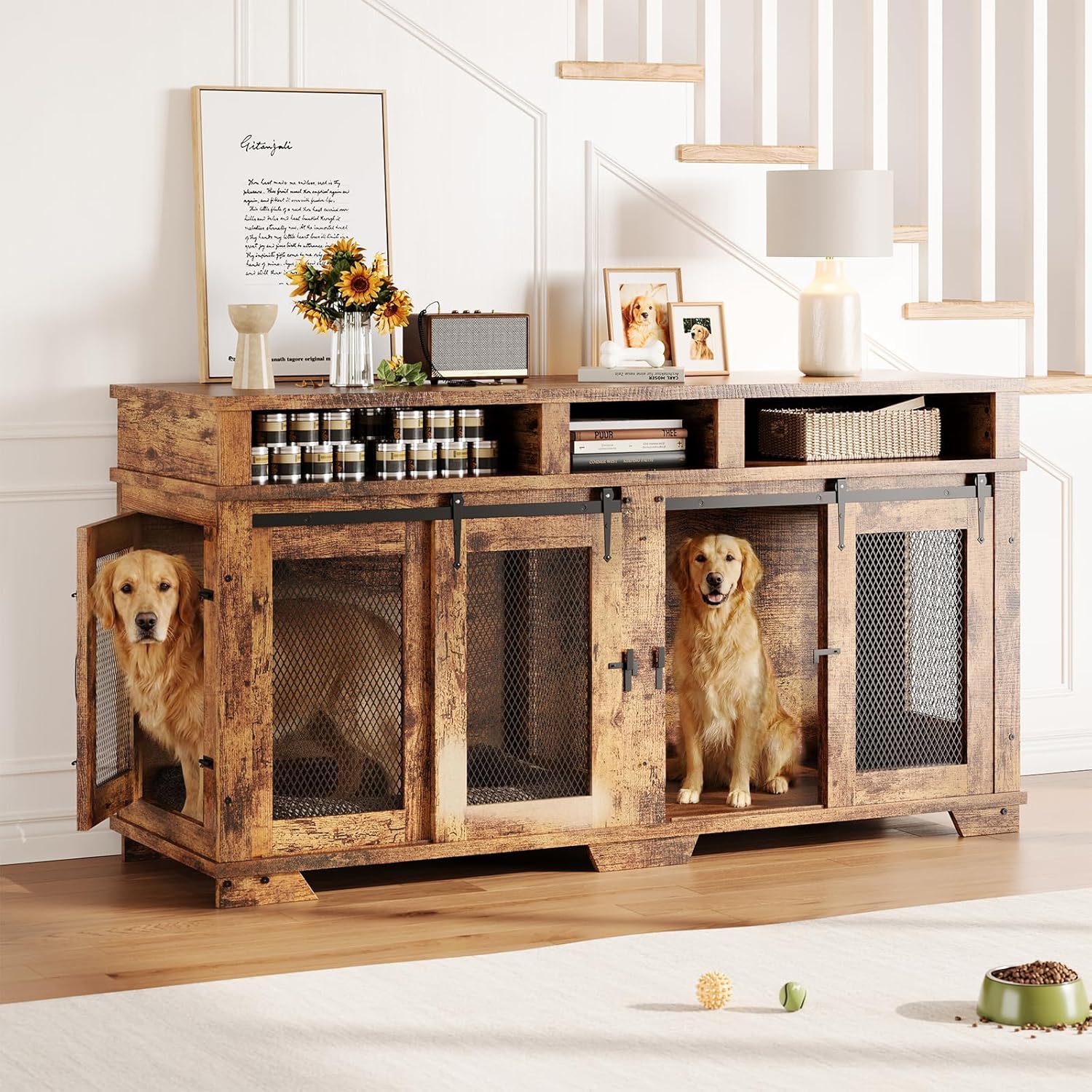 71” Dog Crate Furniture for 2 Dogs, Extra Large Double Dog Kennel Indoor with Removable Divider and Storage Drawers, Heavy Duty Indoor Wooden Dog Crate TV Stand for Large Medium Dogs