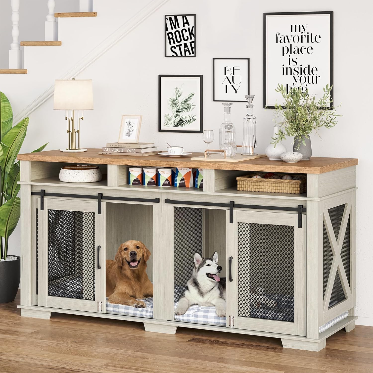 71″ Dog Crate Furniture for 2 Dogs Large Double Kennel with Removable Divider, 3 Storage Drawers & Sliding Barn Door, Furniture Style Pet Crate As TV Stand for Living Room