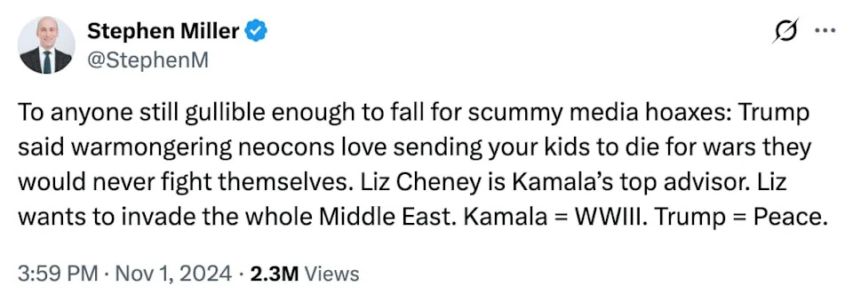 Stephen Miller’s claim that electing Trump would lead to “peace” has been blown up by the war on Iran. / Stephen Miller X