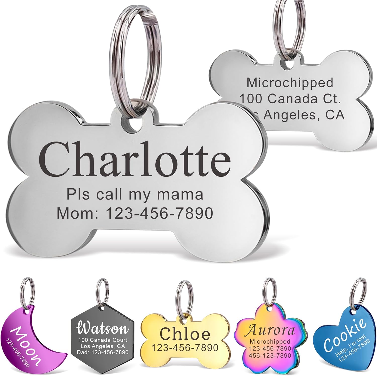 Anavia Personalized Pet ID Tags, Stainless Steel Glossy Laser Engraved Dog Cat Collar Name Tags, Multiple Colors Shapes Sizes (Bone, Regular)