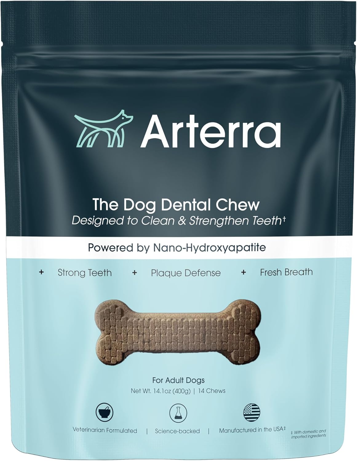 Arterra Pet Science Dog Dental Chews with Nano-Hydroxyapatite Next-Generation Daily Chews for Stronger Teeth, Fresh Breath, and Healthy Gut, 14 Count, Pack of 1