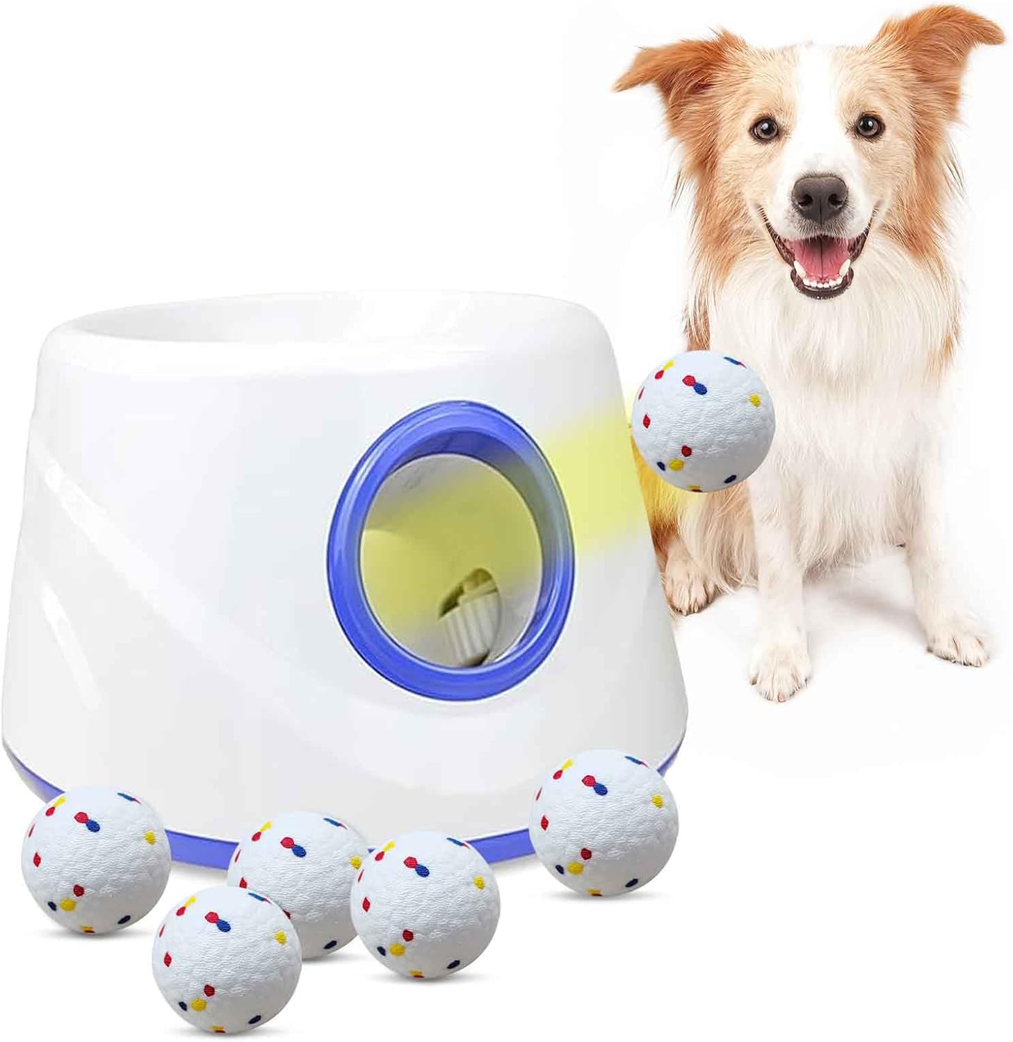 Automatic Dog Ball Launcher, Dog Ball Throw Launcher, 3 Adjustable Distance 20-45FT, with 6 2.3-inch ETPU Balls, for Small/Medium Dogs, Indoor and Outdoor Interactive Toys