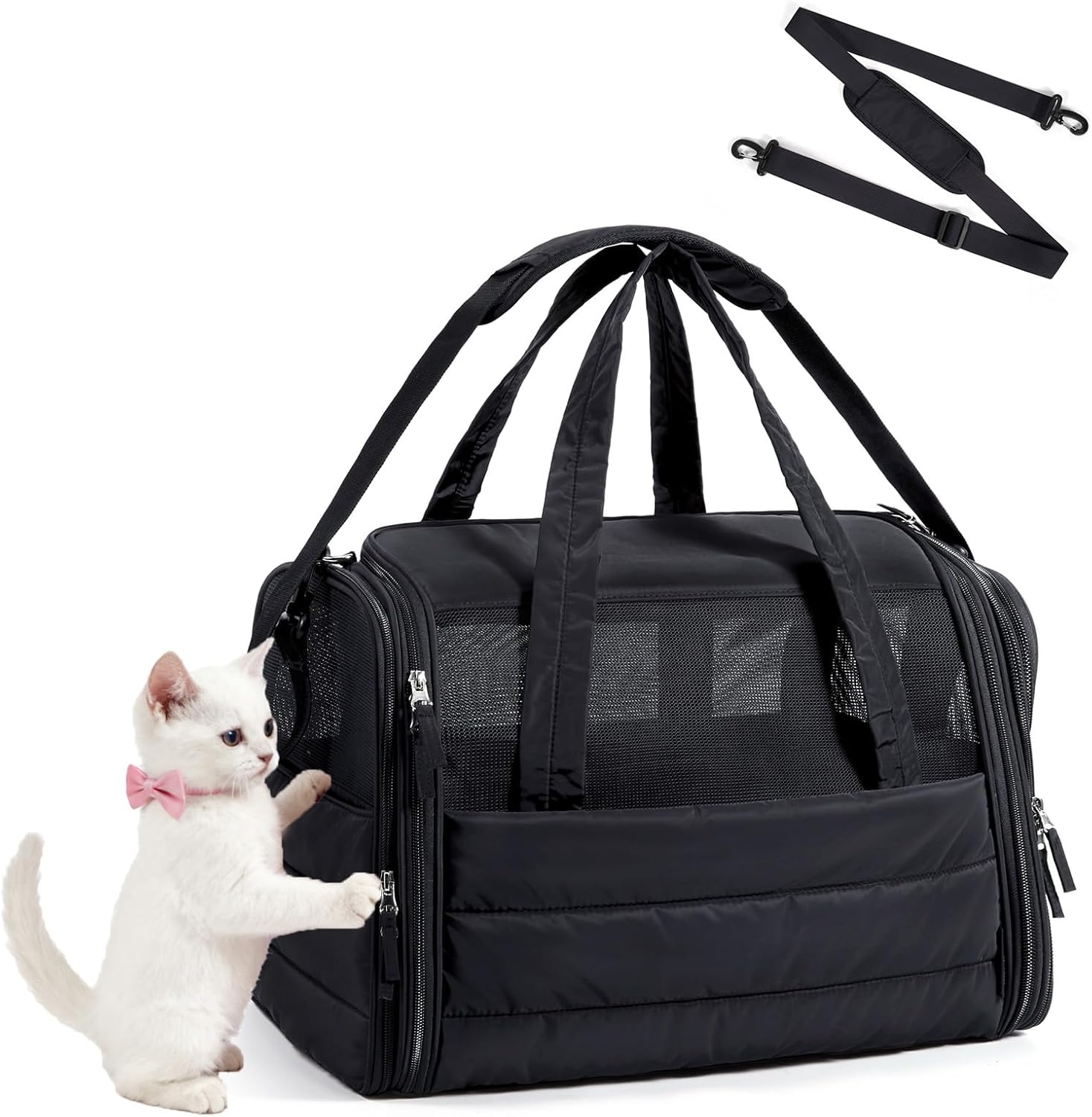 BAGSMART Cat Carrier: Soft-Sided Pet Carrier for Small Medium Cats Dogs Puppy Quilted Collapsible Puffy Travel Bag Up to 20 Lbs Black