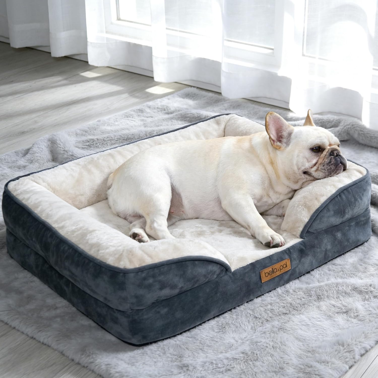 BELLA & PAL Orthopedic Dog Sofa Bed for Medium/Large Dogs – No Assembly Needed, Chew-Proof Egg-Crate Foam Dog Couch with Waterproof Liner, Washable Removable Cover (Grey, 28″ L x 23″ W x 6.5″ Th)