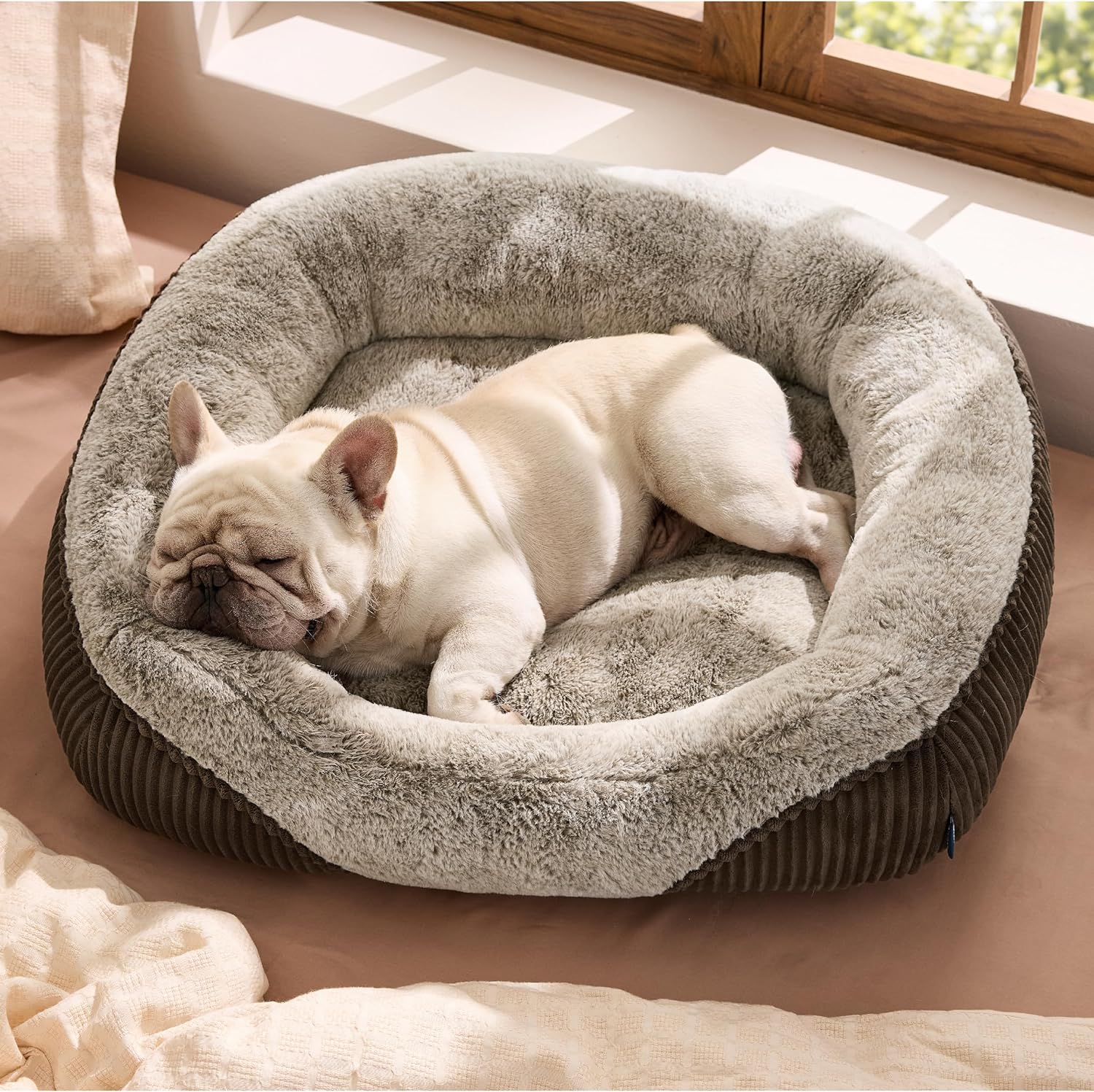 Bedsure Washable Dog Bed Medium Size Dog – Rectangle Fluffy Plush Big Pet Bed, Corduroy Fleece and Nonskid Bottom,30x24x8inches,Suitable for Pet Up to 35lbs,Brown