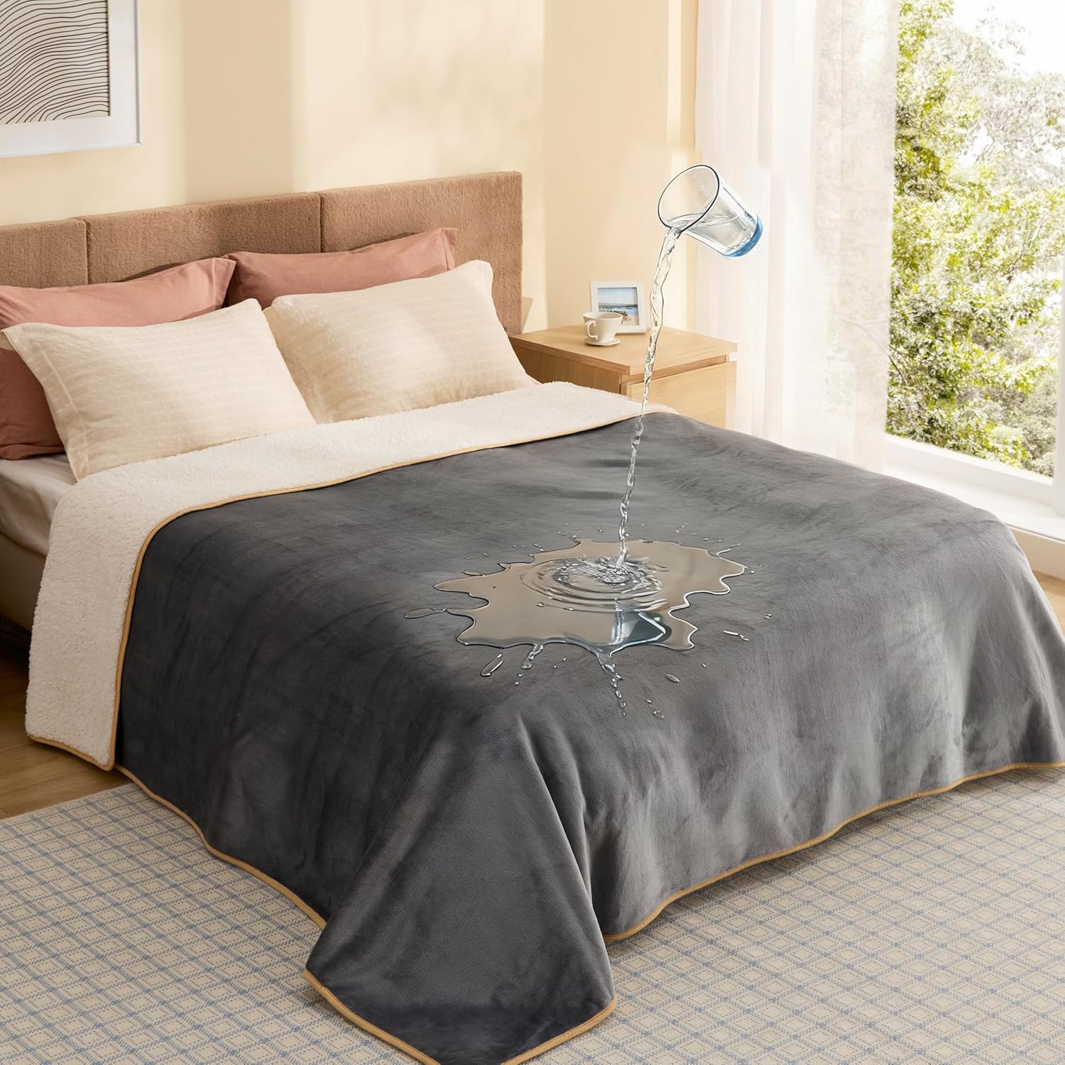 Bedsure Waterproof Blanket for Bed King Size- Sherpa Fleece Waterproof Dog Blankets for Large Dogs, Pet Blankets for Bed/Couch, Soft Plush Reversible Furniture Protector, 108″x86″, Grey